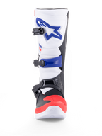 Alpinestars Tech 3, stivale da motocross e fuoristrada bianco con dettagli blu e rosso brillante, chiusura a tripla fibbia, certificato CE