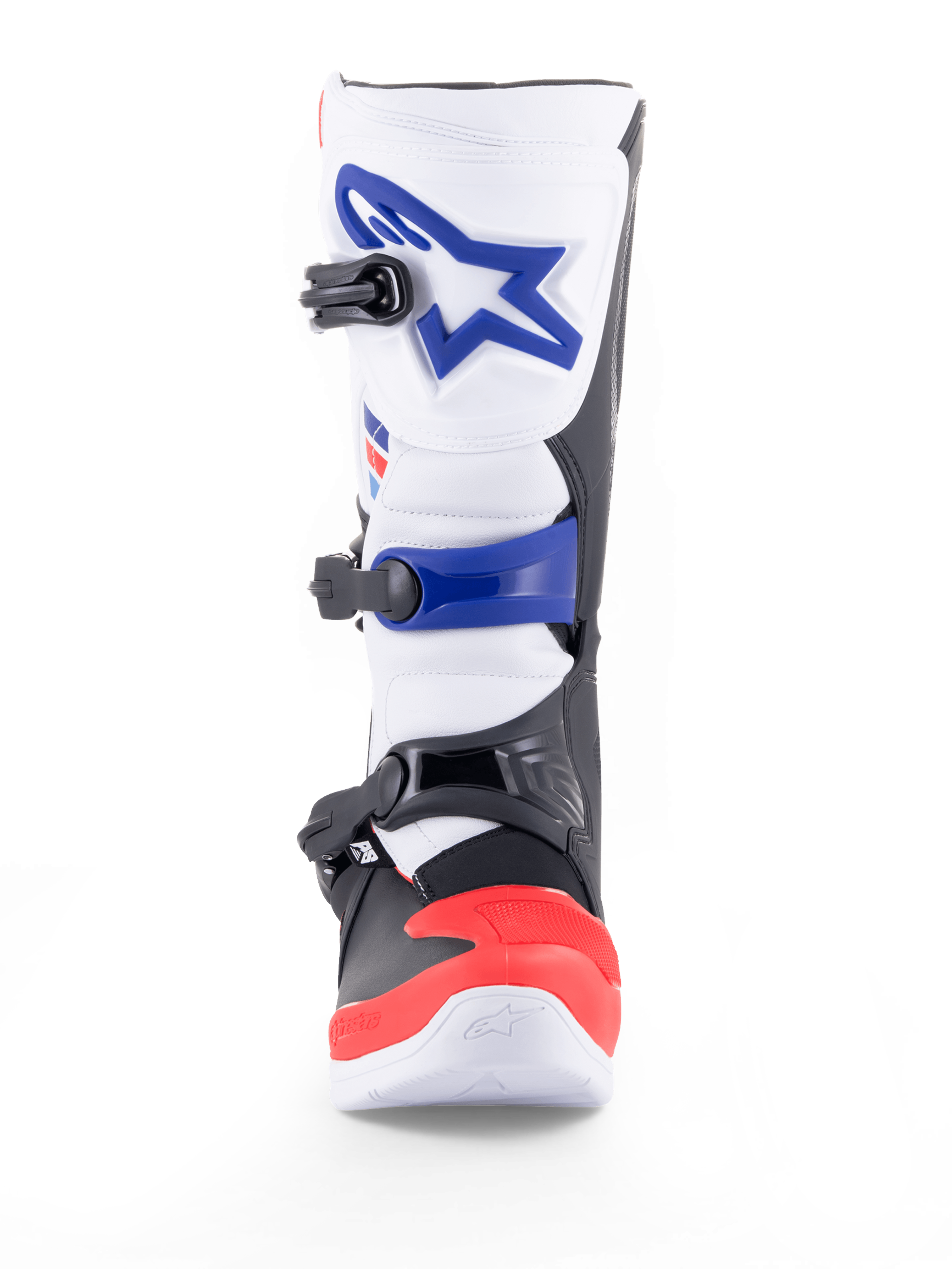 Alpinestars Tech 3, stivale da motocross e fuoristrada bianco con dettagli blu e rosso brillante, chiusura a tripla fibbia, certificato CE