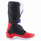 Alpinestars Tech 3 Boots, stivali da motocross, bianco, rosso acceso e blu scuro, vista laterale di profilo che evidenzia la piastra tibiale in TPU e la costruzione protettiva, materiale sintetico resistente per la guida fuoristrada