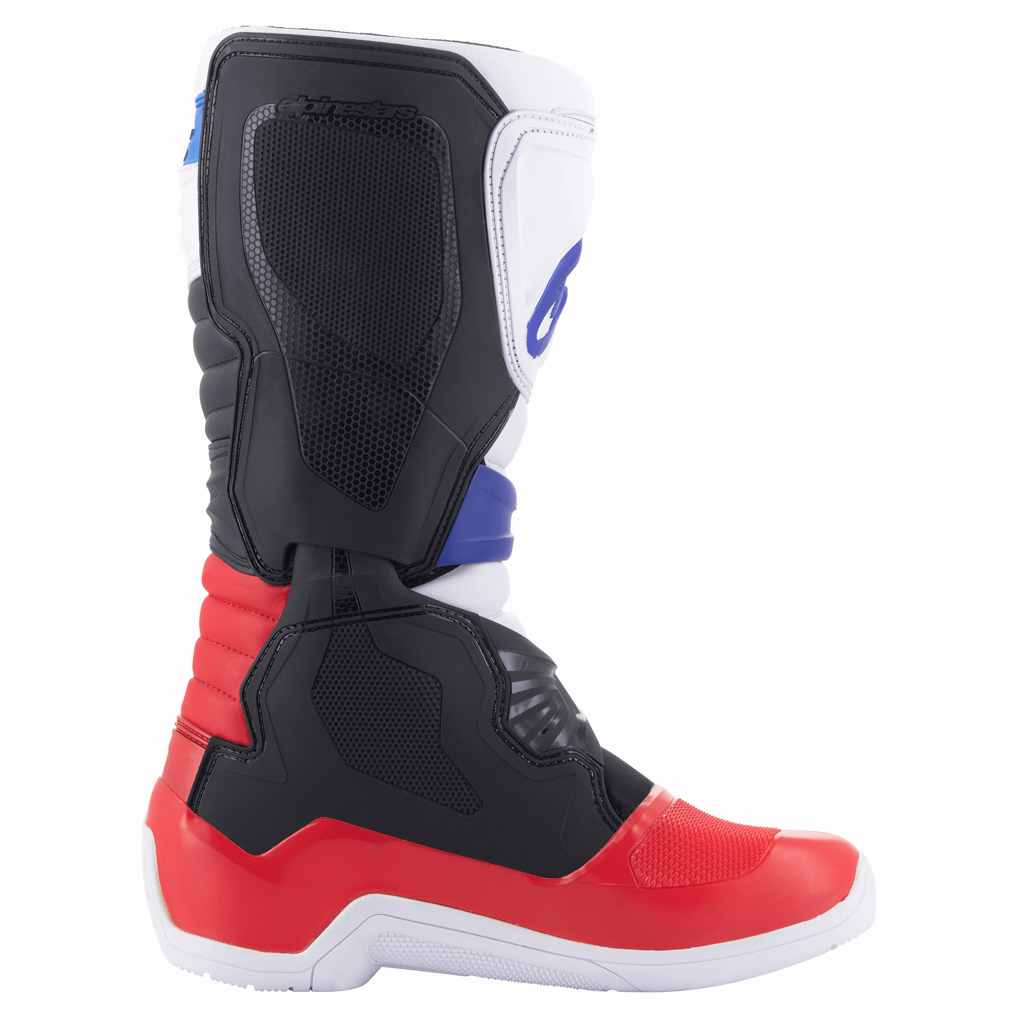 Alpinestars Tech 3 Boots, stivali da motocross, bianco, rosso acceso e blu scuro, vista laterale di profilo che evidenzia la piastra tibiale in TPU e la costruzione protettiva, materiale sintetico resistente per la guida fuoristrada