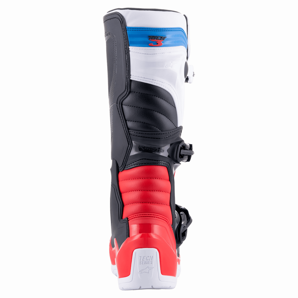 Stivali Alpinestars Tech 3, stivali da motocross, bianco, rosso acceso e blu scuro, vista posteriore con zone di flessione a fisarmonica rosse, tomaia bianca con cinturino blu con logo e contrafforte protettivo per il tallone