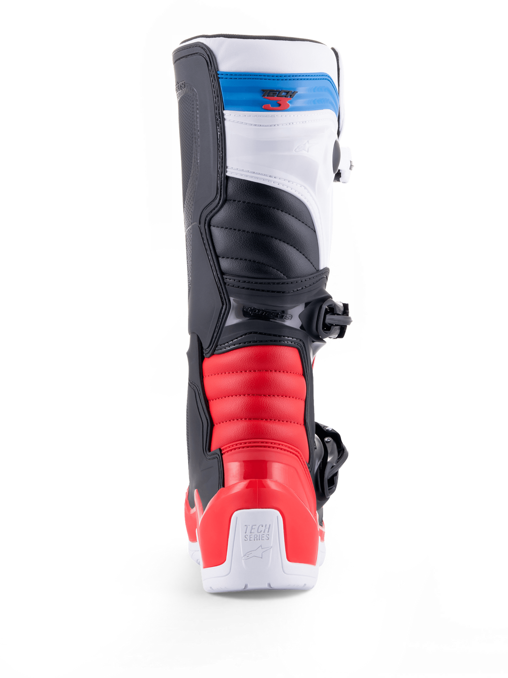 Alpinestars Stivali Tech 3, stivali da moto da motocross e fuoristrada visti da dietro, bianchi con dettagli rosso brillante e blu scuro, protezioni in TPU e chiusura con fibbie