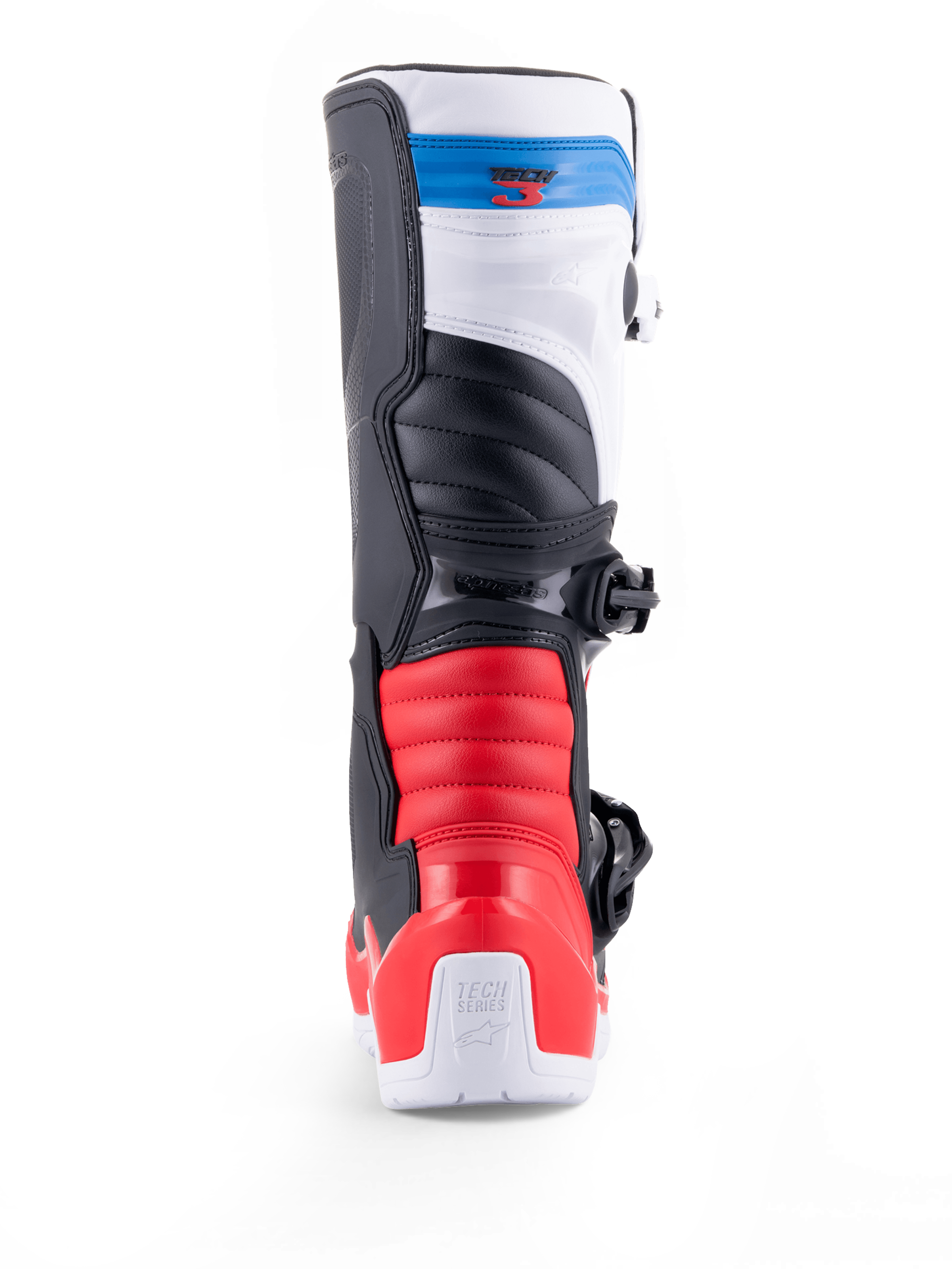 Alpinestars Stivali Tech 3, stivali da moto da motocross e fuoristrada visti da dietro, bianchi con dettagli rosso brillante e blu scuro, protezioni in TPU e chiusura con fibbie