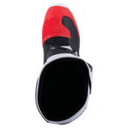 Stivali Alpinestars Tech 3, stivali da motocross, bianco, rosso acceso e blu scuro, vista dall'alto dell'apertura dello stivale, caratterizzati da punta rossa e fodera interna nera, struttura in microfibra leggera e TPU per gare fuoristrada