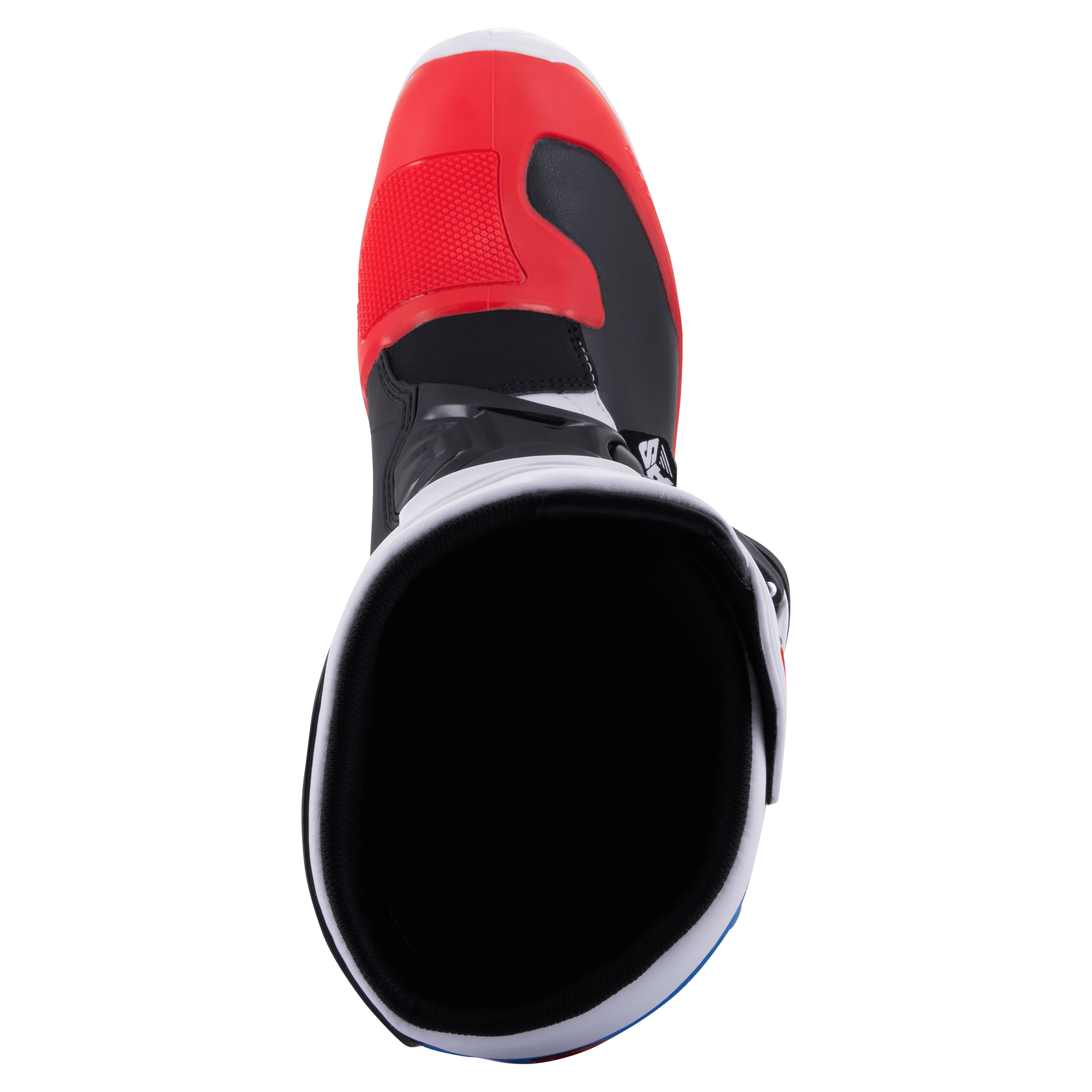 Stivali Alpinestars Tech 3, stivali da motocross, bianco, rosso acceso e blu scuro, vista dall'alto dell'apertura dello stivale, caratterizzati da punta rossa e fodera interna nera, struttura in microfibra leggera e TPU per gare fuoristrada