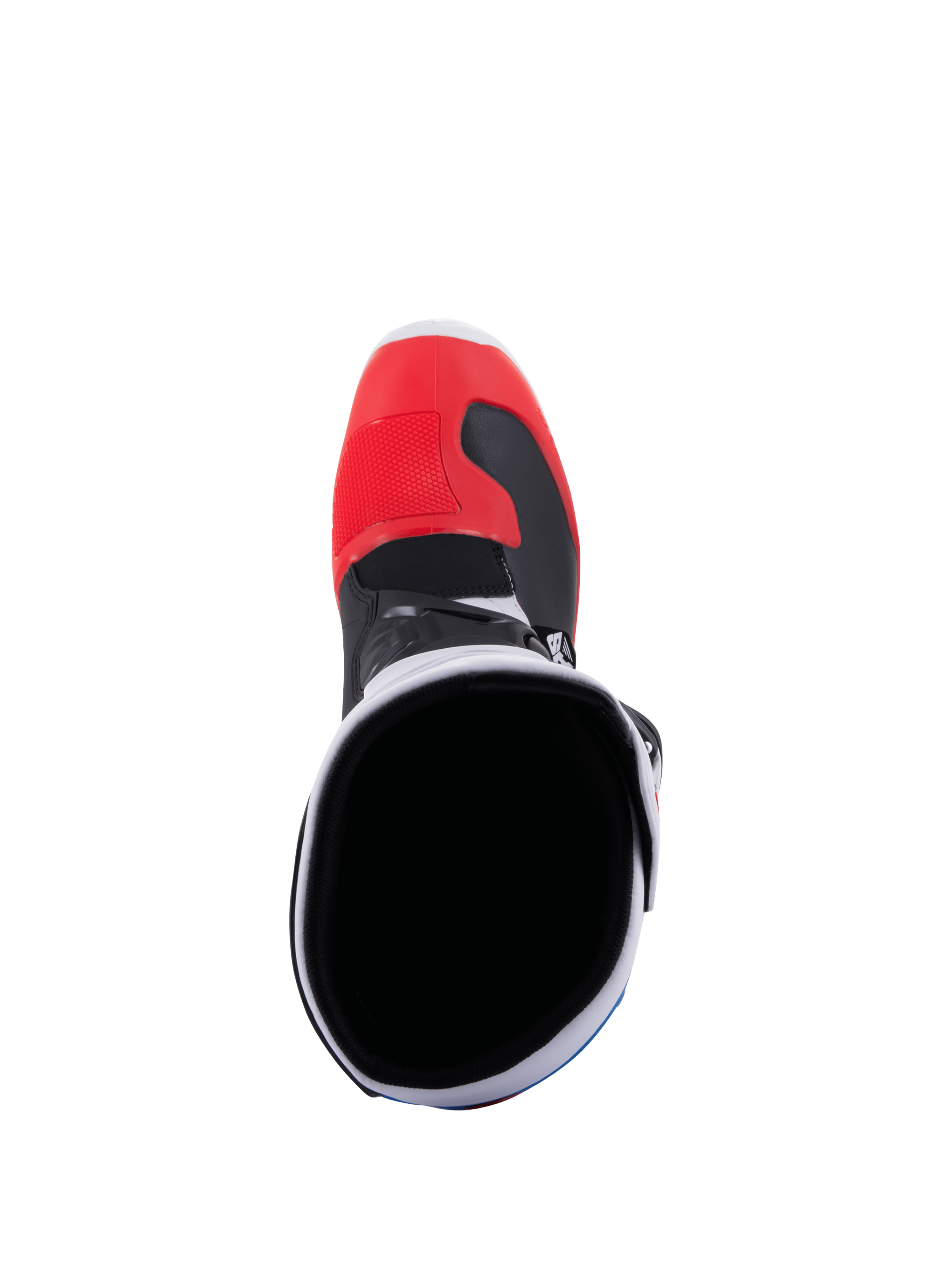 Alpinestars Tech 3, stivale da motocross e fuoristrada bianco e rosso brillante, vista posteriore con protezione in TPU e chiusura con fibbie