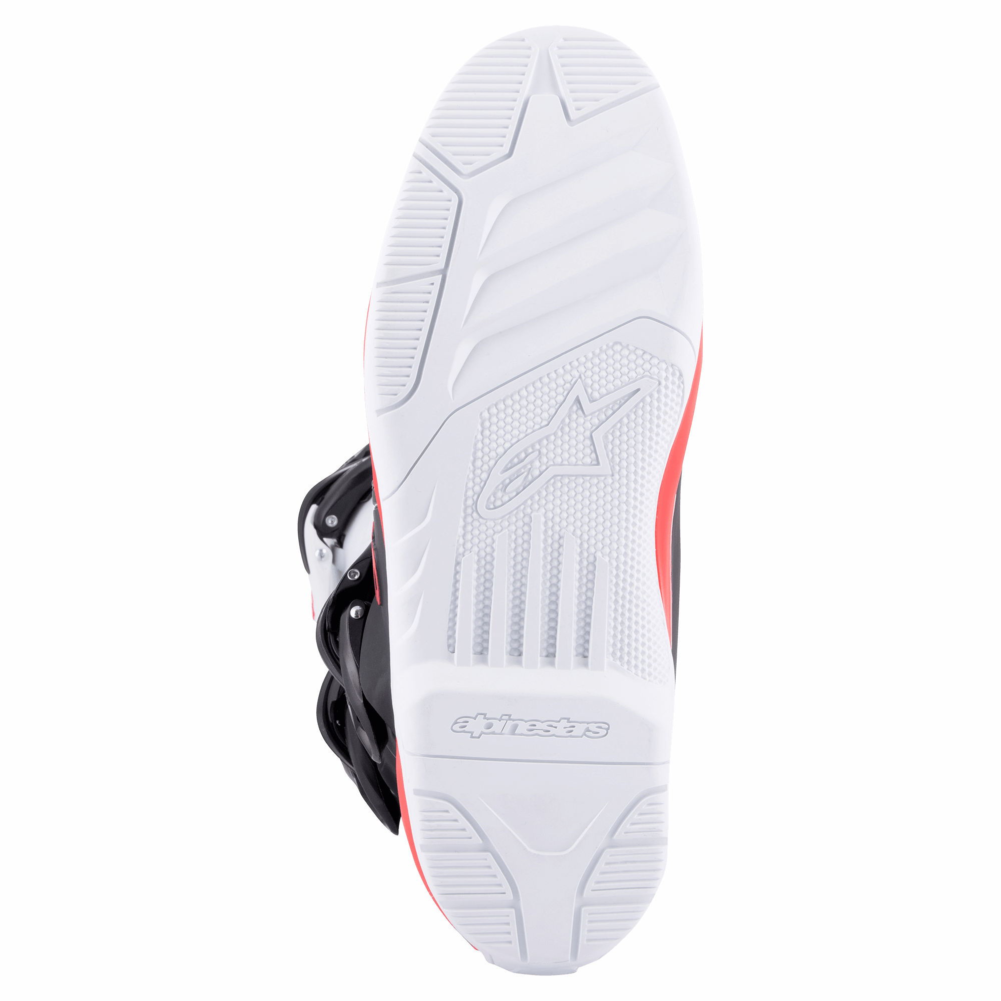 Alpinestars Tech 3 Boots, Bianco, Rosso Brillante e Blu Scuro, primo piano della suola in gomma bianca ad alta aderenza con battistrada testurizzato e logo inciso, progettati per prestazioni motocross e fuoristrada.
