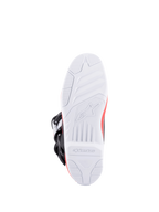 Alpinestars Stivali Tech 3, stivale da motocross visto dalla suola, suola bianca ad alta aderenza con dettagli rosso brillante, blu scuro e fibbie nere