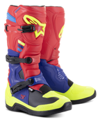 Stivali Alpinestars Tech 3, stivali da motocross, rosso brillante, blu scuro e giallo fluo, con triple fibbie in polimero, piastre di protezione in TPU sagomate e suola nera ad alta aderenza, progettati per prestazioni motocross e fuoristrada.
