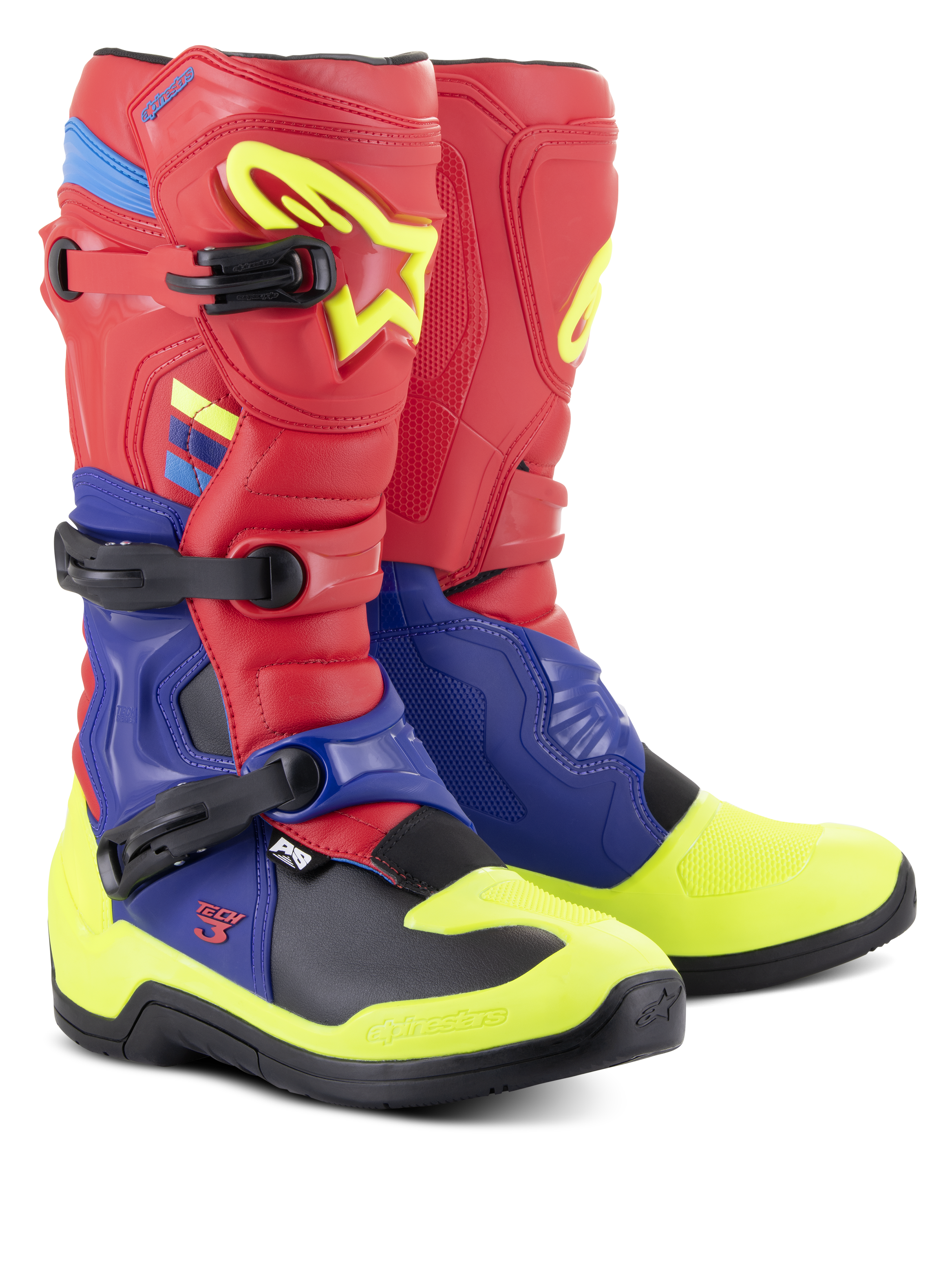 Stivali Alpinestars Tech 3, stivali da motocross, rosso brillante, blu scuro e giallo fluo, con triple fibbie in polimero, piastre di protezione in TPU sagomate e suola nera ad alta aderenza, progettati per prestazioni motocross e fuoristrada.