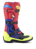 Stivali Alpinestars Tech 3, stivali da motocross, rosso acceso, blu scuro e giallo fluo, con sistema di chiusura a tre fibbie, piastre protettive in TPU e vivaci accenti neon, robusta costruzione in microfibra per la guida fuoristrada
