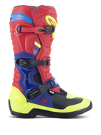 Stivali Alpinestars Tech 3, stivali da motocross, rosso acceso, blu scuro e giallo fluo, con sistema di chiusura a tre fibbie, piastre protettive in TPU e vivaci accenti neon, robusta costruzione in microfibra per la guida fuoristrada