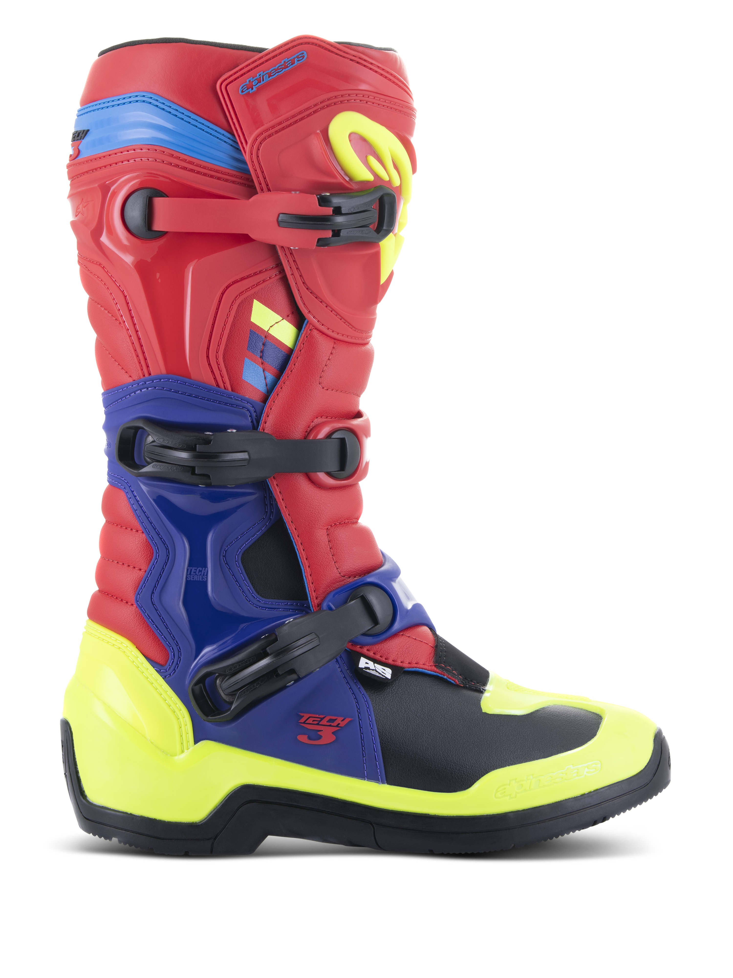 Stivali Alpinestars Tech 3, stivali da motocross, rosso acceso, blu scuro e giallo fluo, con sistema di chiusura a tre fibbie, piastre protettive in TPU e vivaci accenti neon, robusta costruzione in microfibra per la guida fuoristrada