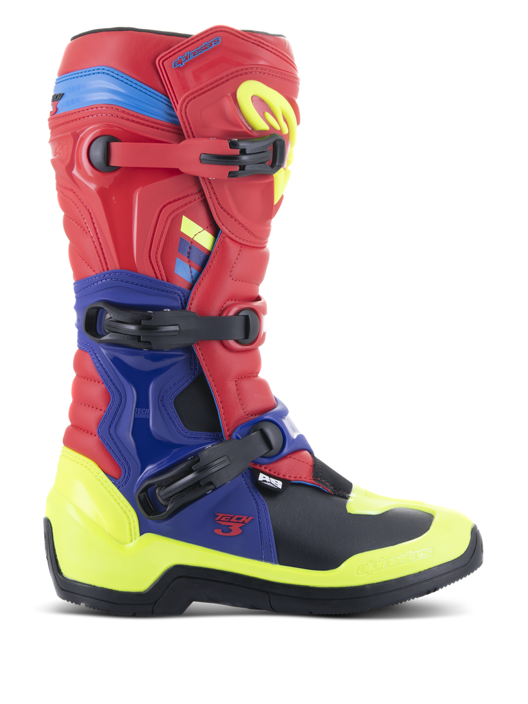 Stivali Alpinestars Tech 3, stivali da motocross, rosso acceso, blu scuro e giallo fluo, con sistema di chiusura a tre fibbie, piastre protettive in TPU e vivaci accenti neon, robusta costruzione in microfibra per la guida fuoristrada