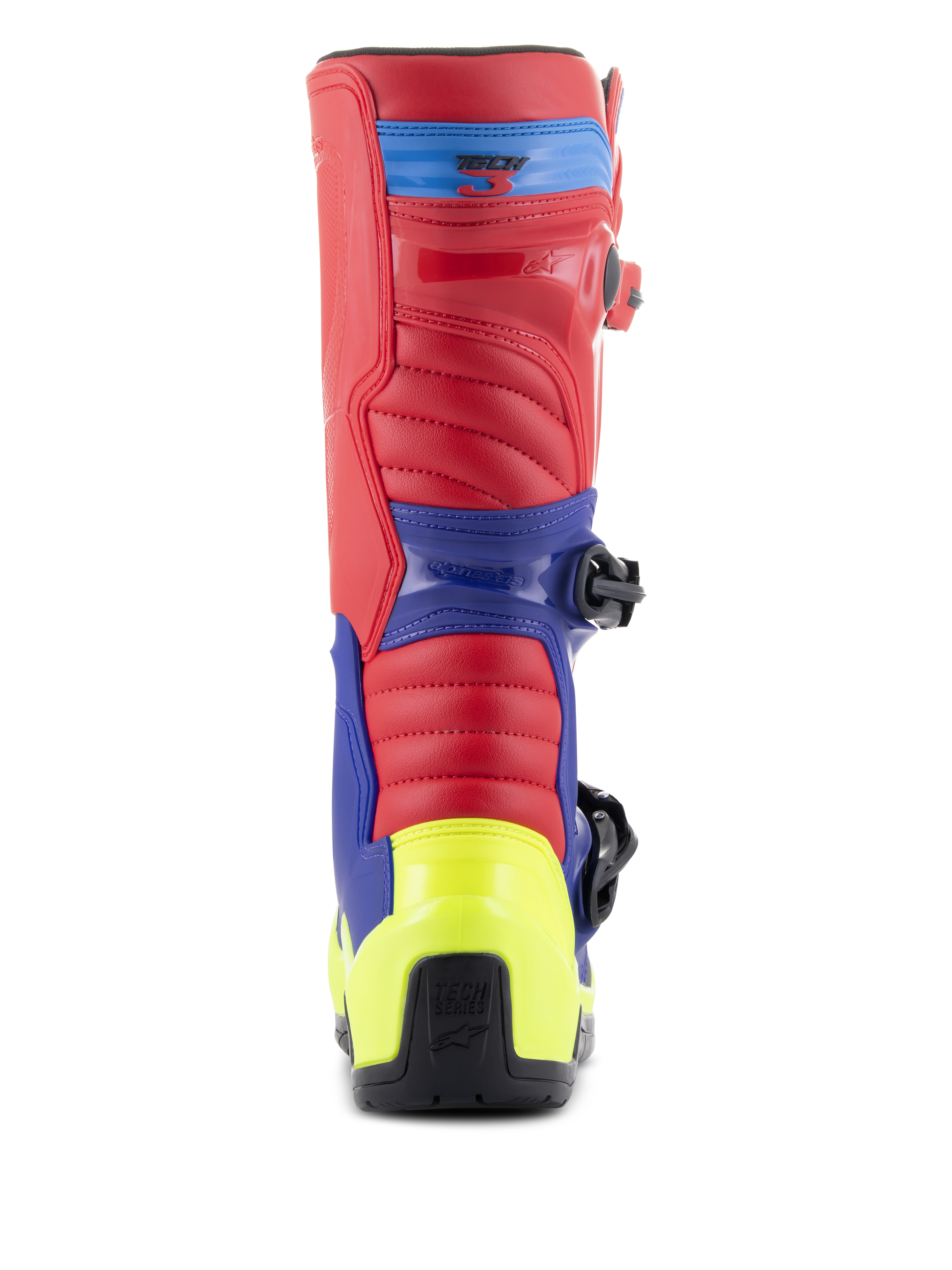 Stivali Alpinestars Tech 3, stivali da motocross, rosso acceso, blu scuro e giallo fluo, vista posteriore con protezione del tallone giallo neon, tomaia rossa e pannelli di supporto blu, struttura robusta per corse fuoristrada