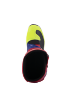 Stivali Alpinestars Tech 3, stivali da motocross, rosso acceso, blu scuro e giallo fluo, vista dall'alto verso l'interno dell'apertura dello stivale, con punta giallo fluo e colletto rosso, calzatura protettiva resistente per fuoristrada