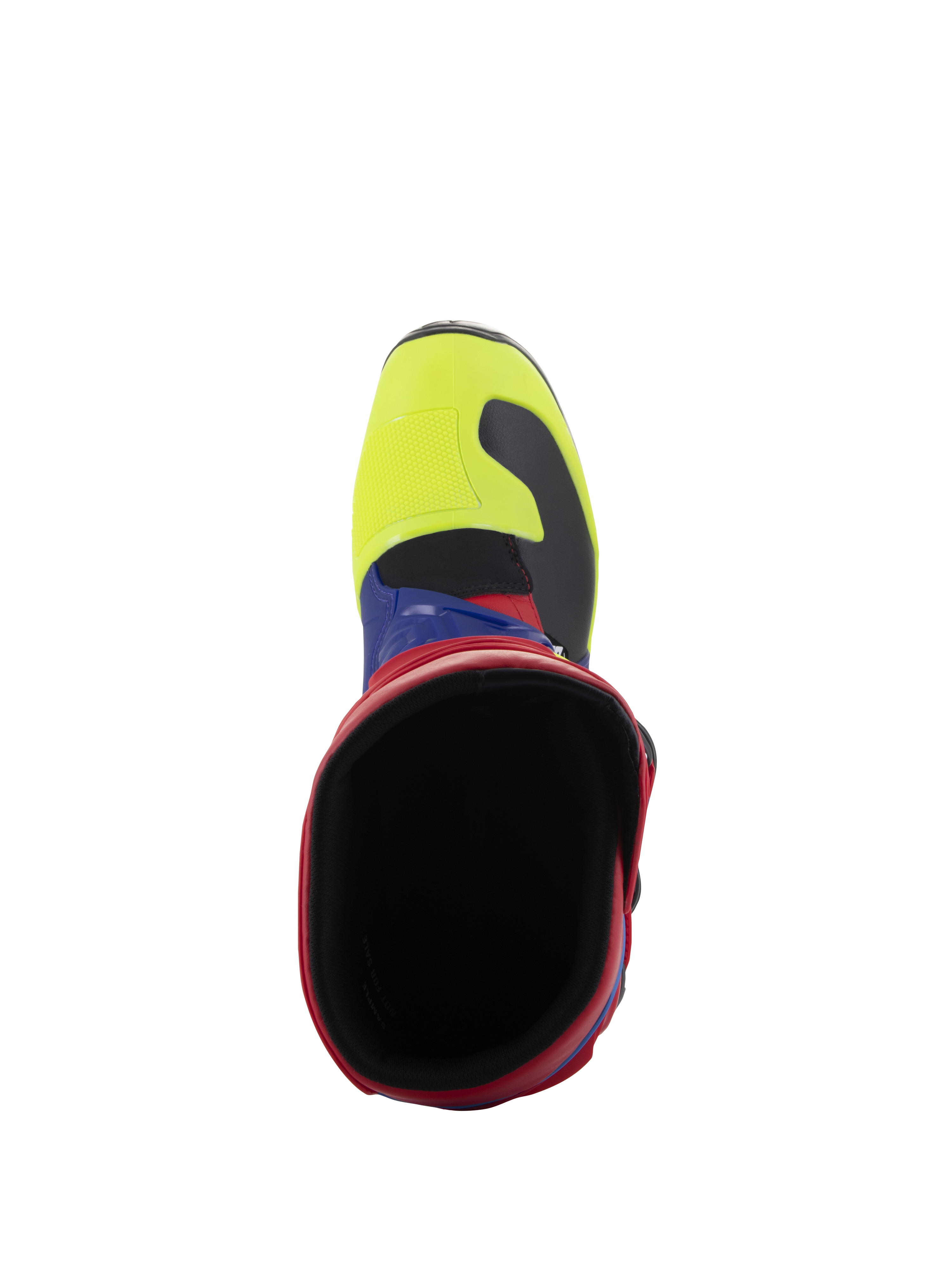 Stivali Alpinestars Tech 3, stivali da motocross, rosso acceso, blu scuro e giallo fluo, vista dall'alto verso l'interno dell'apertura dello stivale, con punta giallo fluo e colletto rosso, calzatura protettiva resistente per fuoristrada