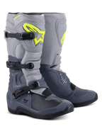 Alpinestars stivali Tech 3, stivali da motocross, grigio scuro, grigio chiaro e nero, con logo Alpinestars giallo fluorescente in evidenza, sistema di chiusura a tre fibbie e pannelli protettivi rinforzati per prestazioni fuoristrada