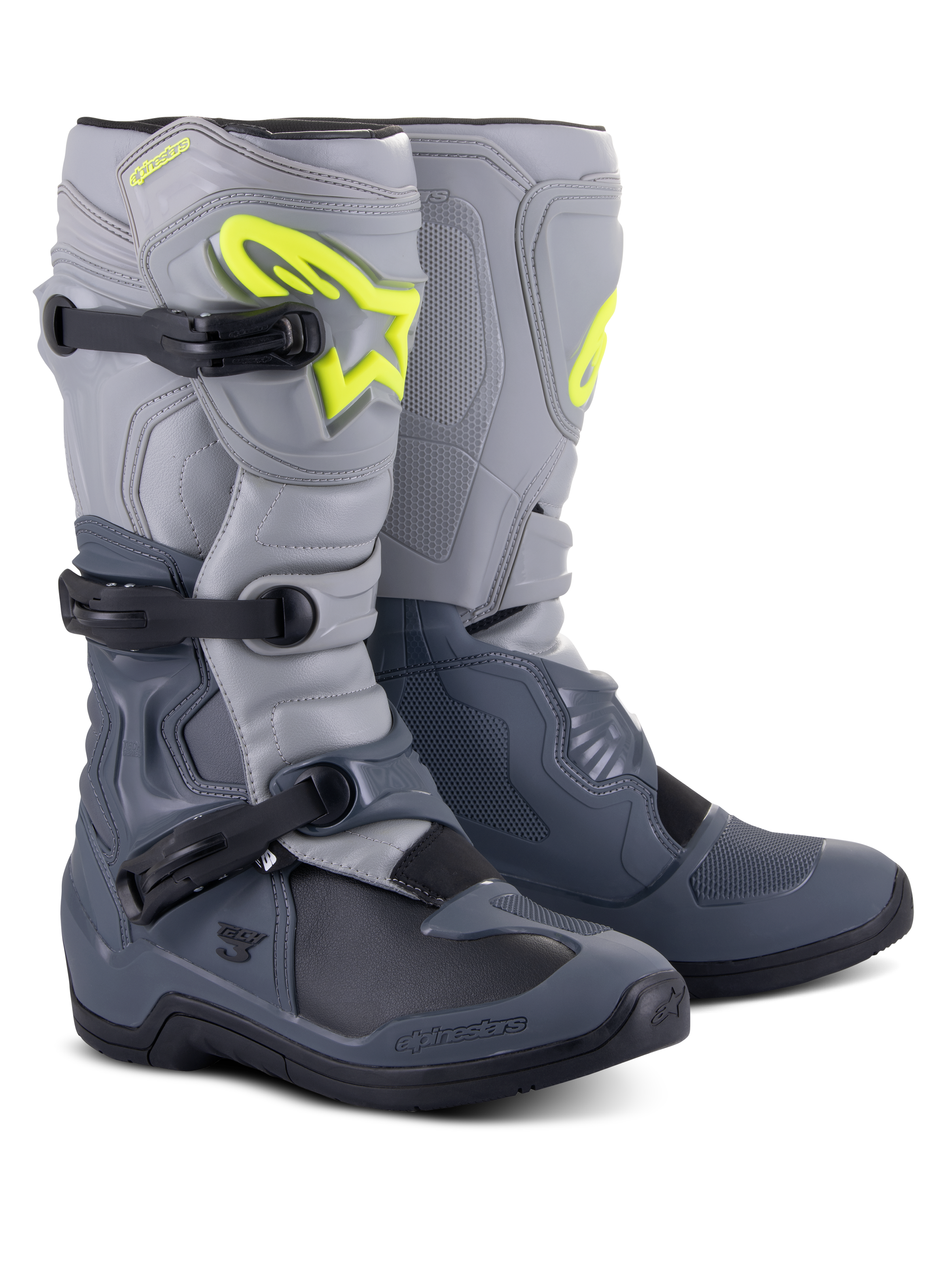 Alpinestars stivali Tech 3, stivali da motocross, grigio scuro, grigio chiaro e nero, con logo Alpinestars giallo fluorescente in evidenza, sistema di chiusura a tre fibbie e pannelli protettivi rinforzati per prestazioni fuoristrada