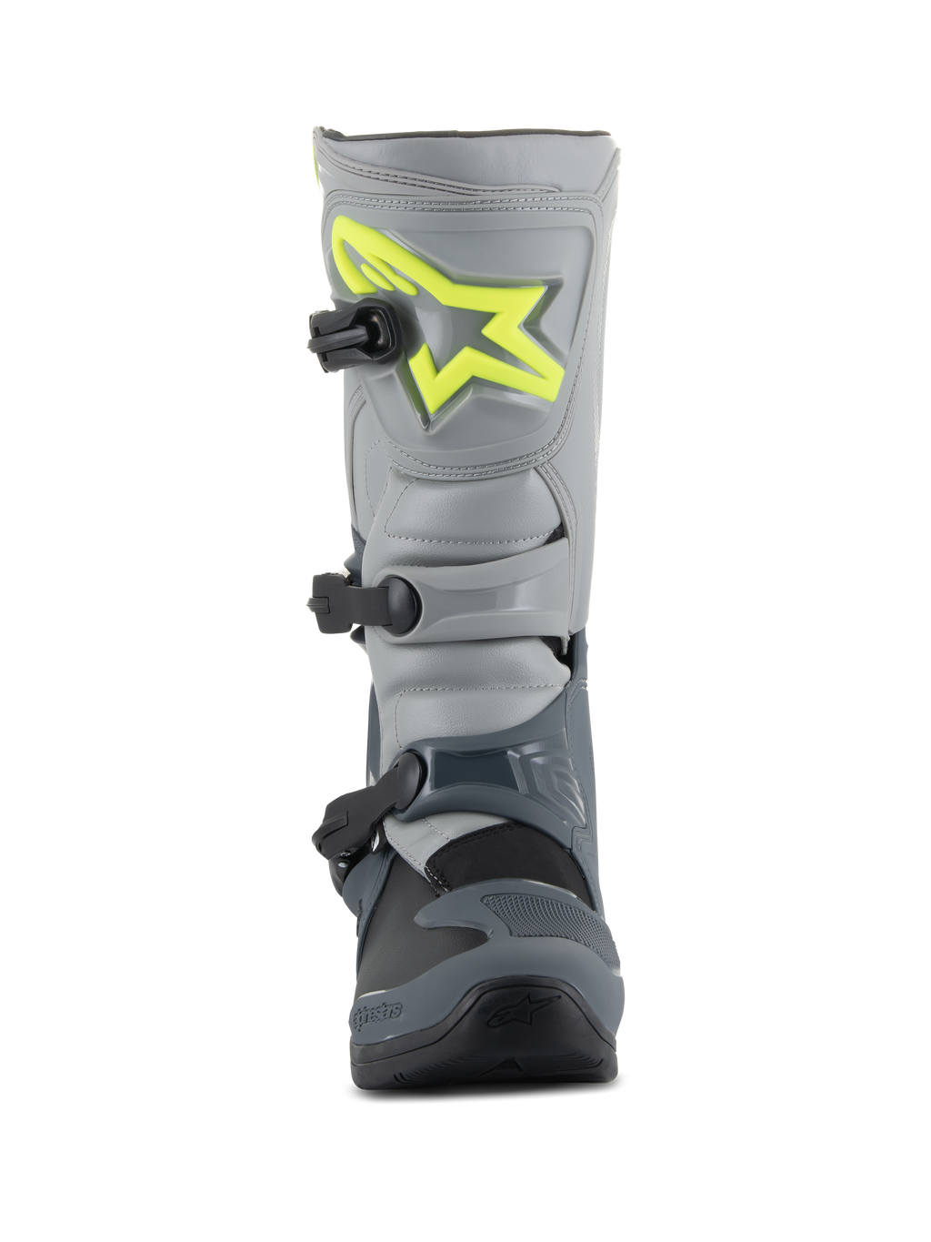 Alpinestars Tech 3 Boots, stivali da motocross, grigio scuro, grigio chiaro e nero, vista frontale con logo giallo brillante sulla placca tibiale, tre fibbie in polimero nero e guscio in TPU resistente per il racing off-road
