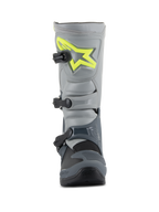 Alpinestars Tech 3 Boots, stivali da motocross, grigio scuro, grigio chiaro e nero, vista frontale con logo giallo brillante sulla placca tibiale, tre fibbie in polimero nero e guscio in TPU resistente per il racing off-road