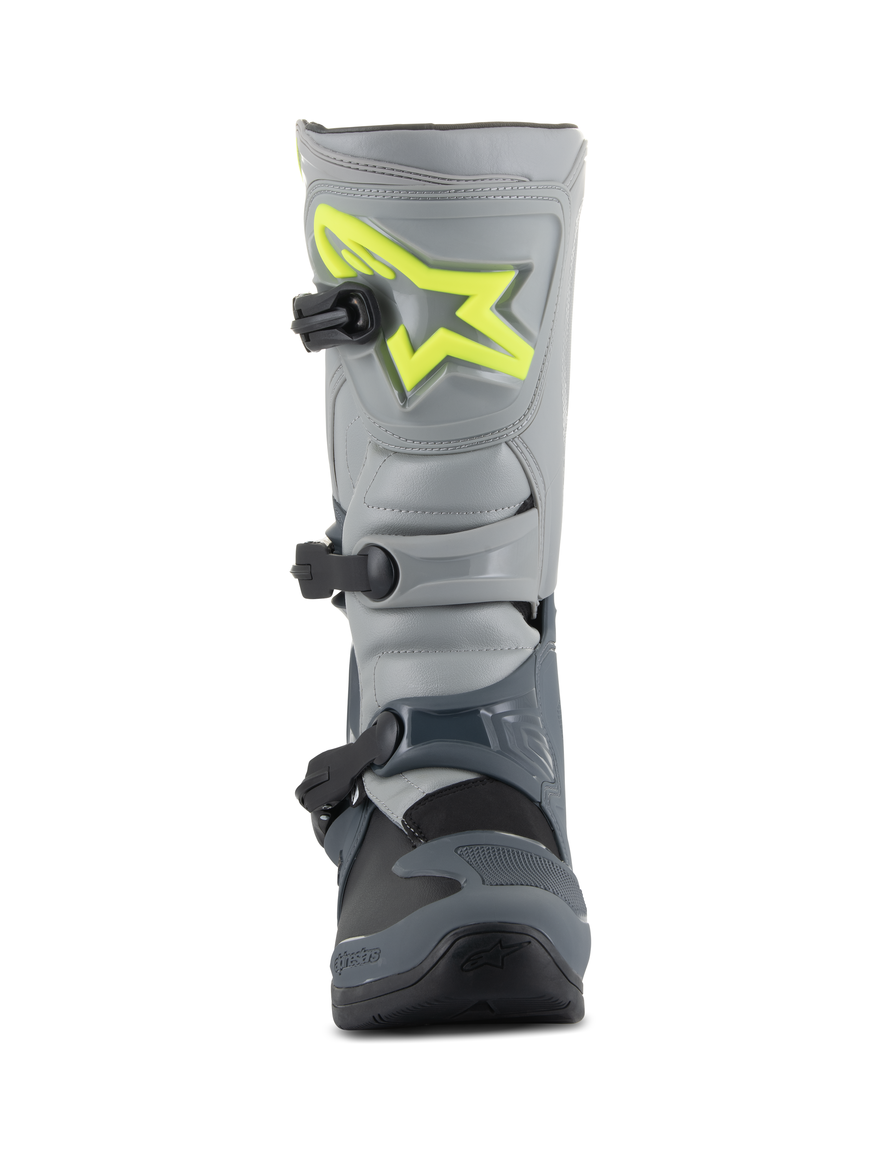 Alpinestars Tech 3 Boots, stivali da motocross, grigio scuro, grigio chiaro e nero, vista frontale con logo giallo brillante sulla placca tibiale, tre fibbie in polimero nero e guscio in TPU resistente per il racing off-road