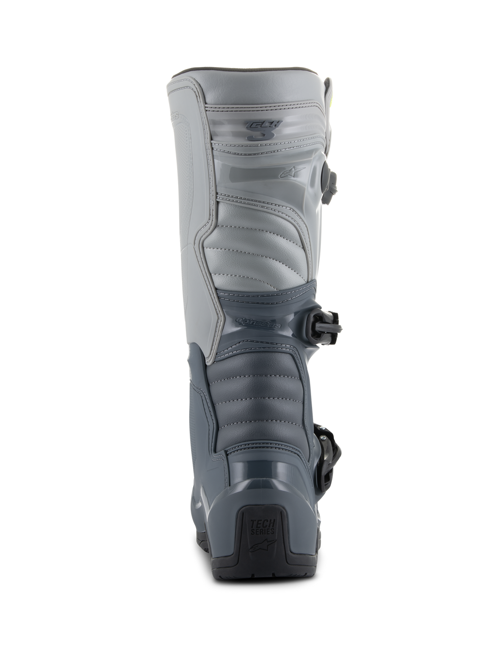 Alpinestars Tech 3 Boots, stivali da motocross, grigio scuro, grigio chiaro e nero, vista posteriore con resistenti piastre protettive in TPU, pannelli grigi segmentati e marchio 'Tech Series' sul tallone.