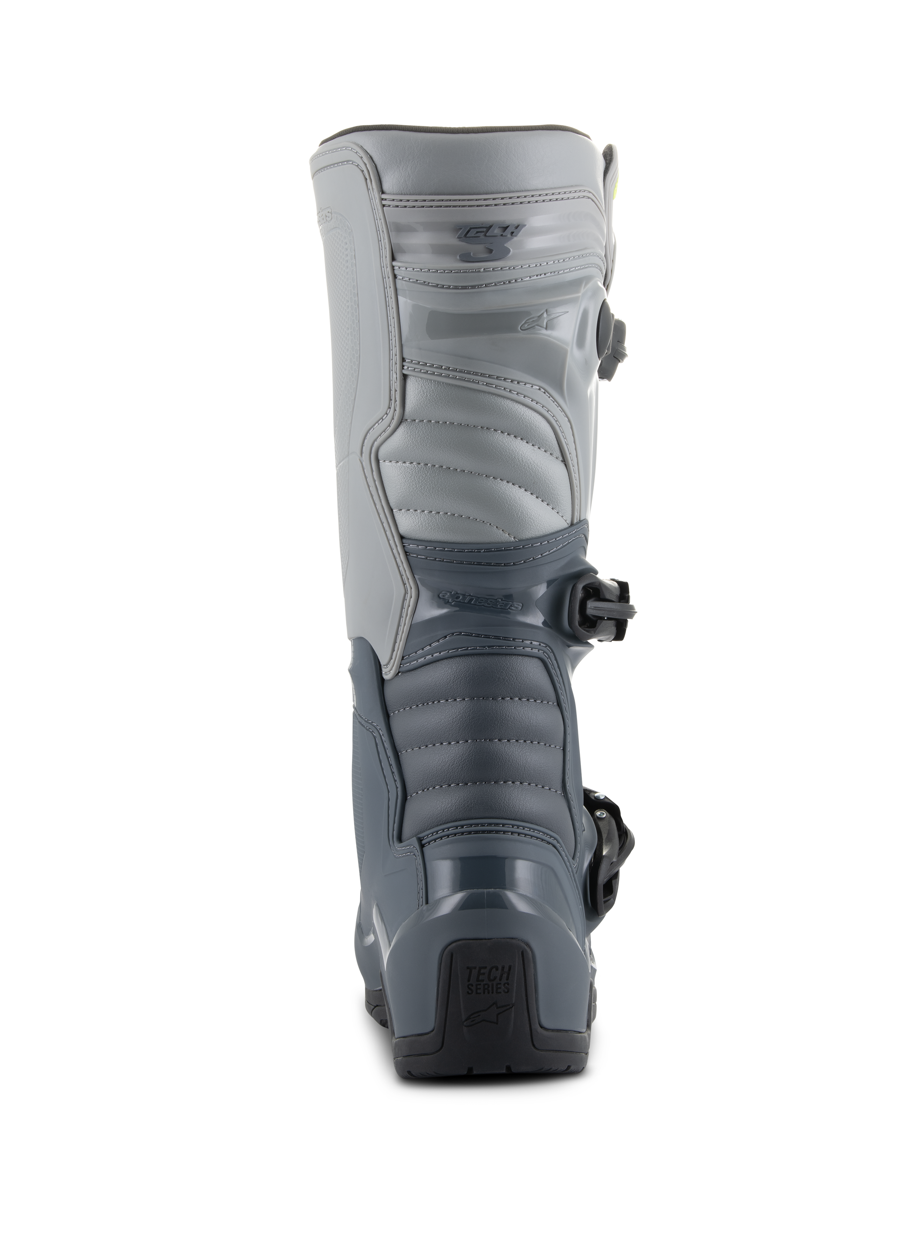 Alpinestars Tech 3 Boots, stivali da motocross, grigio scuro, grigio chiaro e nero, vista posteriore con resistenti piastre protettive in TPU, pannelli grigi segmentati e marchio 'Tech Series' sul tallone.