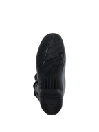 Stivali Alpinestars Tech 3, grigio scuro grigio chiaro nero, vista dal basso che mostra la suola in mescola di gomma ad alta aderenza, battistrada nero testurizzato con logo Alpinestars centrale, progettata per il controllo sulle pedane e la trazione in condizioni fuoristrada