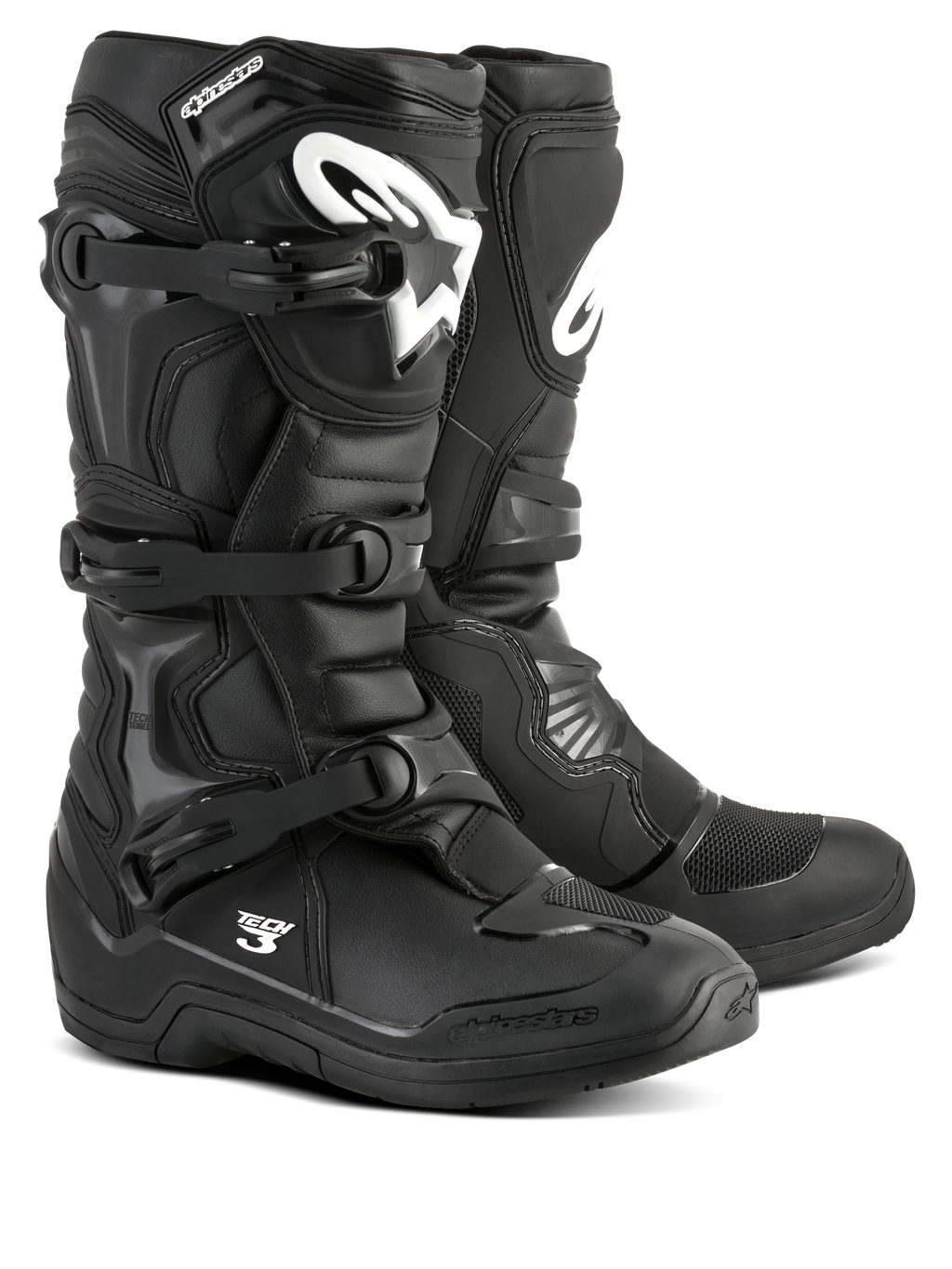Alpinestars Tech 3 Boots, stivali da motocross neri, calzature da performance fuoristrada, sistema di chiusura a tre fibbie, placca tibiale rinforzata in TPU con logo bianco, suola durevole ad alta aderenza, costruzione leggera in microfibra