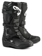 Alpinestars Tech 3 Boots, stivali da motocross neri, calzature da performance fuoristrada, sistema di chiusura a tre fibbie, placca tibiale rinforzata in TPU con logo bianco, suola durevole ad alta aderenza, costruzione leggera in microfibra