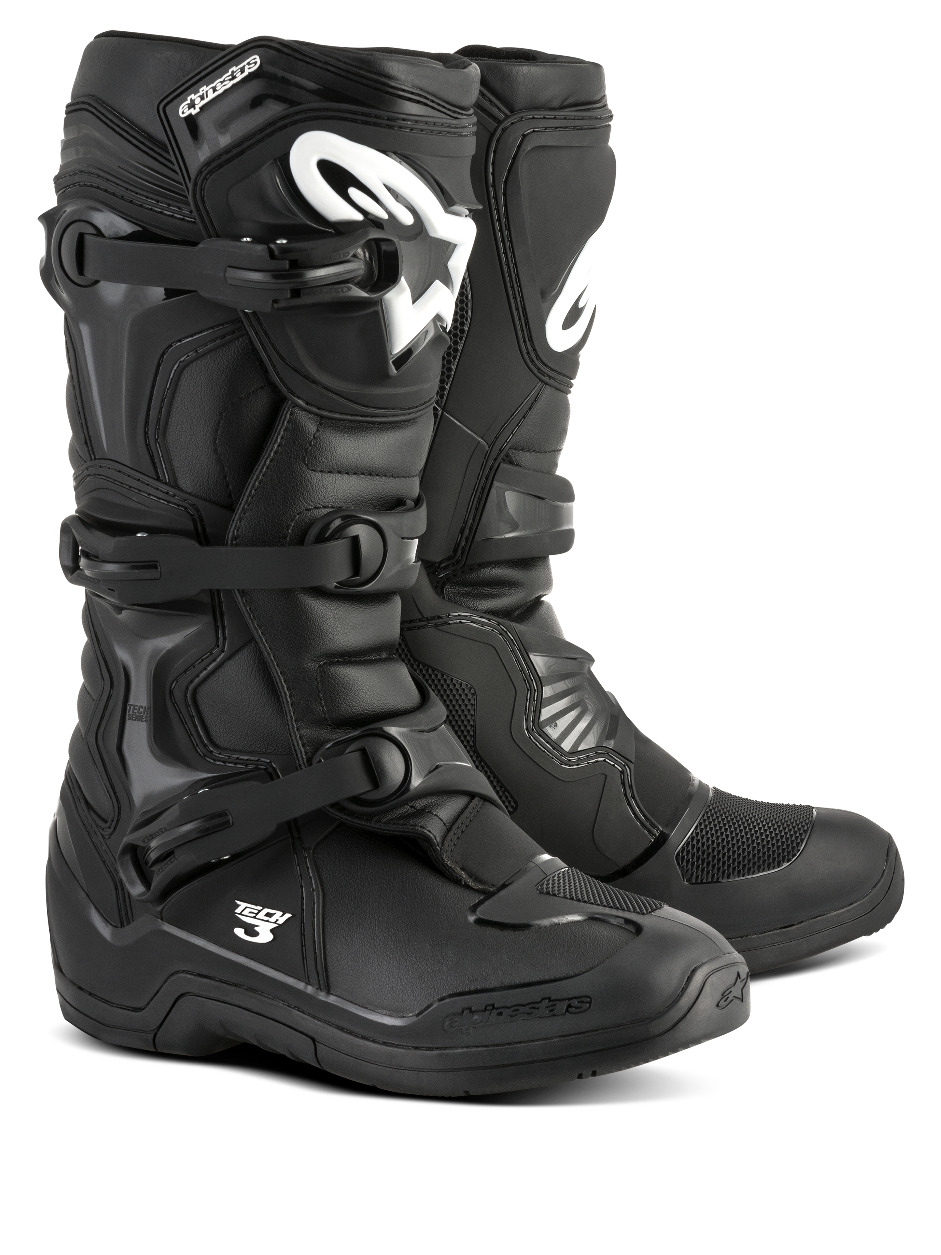 Alpinestars Tech 3 Boots, stivali da motocross neri, calzature da performance fuoristrada, sistema di chiusura a tre fibbie, placca tibiale rinforzata in TPU con logo bianco, suola durevole ad alta aderenza, costruzione leggera in microfibra