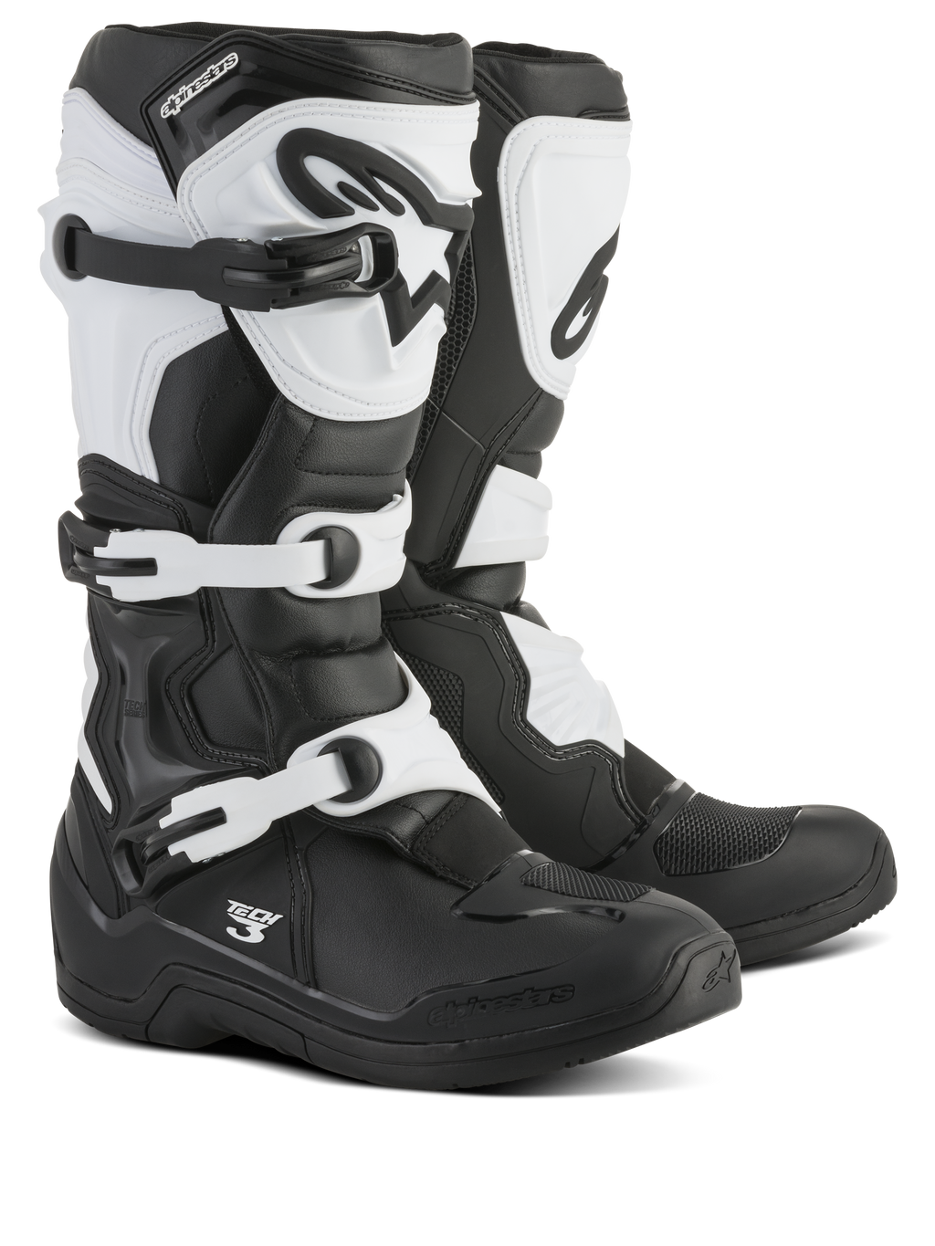 Stivali Alpinestars Tech 3, stivali da motocross, nero e bianco, dotati di sistema di chiusura a tre fibbie, piastra parastinchi e contrafforte del tallone protettivi in TPU, costruzione resistente in microfibra e materiale sintetico per gare fuoristrada