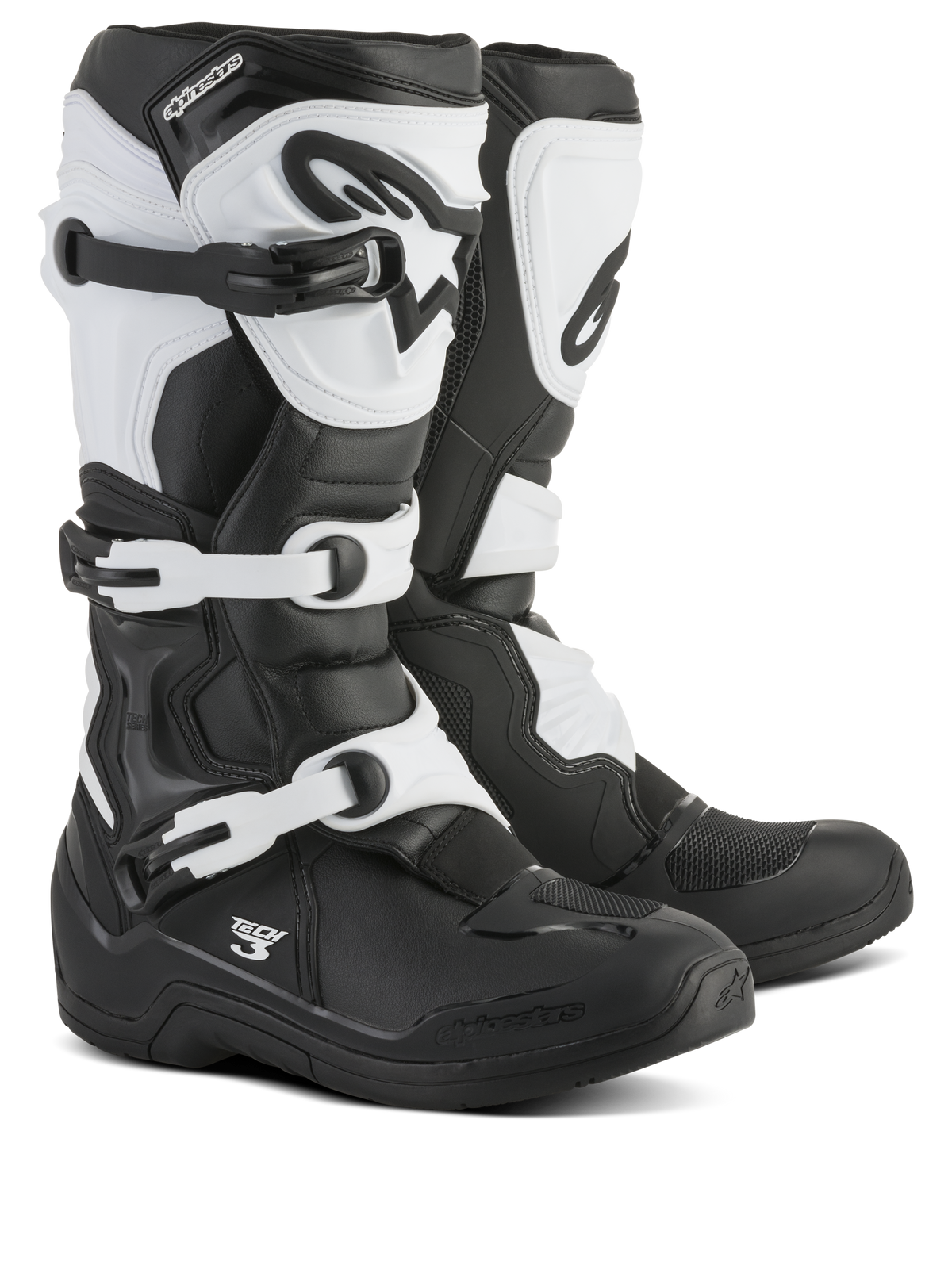 Stivali Alpinestars Tech 3, stivali da motocross, nero e bianco, dotati di sistema di chiusura a tre fibbie, piastra parastinchi e contrafforte del tallone protettivi in TPU, costruzione resistente in microfibra e materiale sintetico per gare fuoristrada
