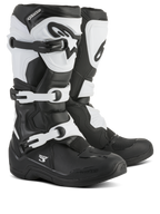 Stivali Alpinestars Tech 3, stivali da motocross, nero e bianco, dotati di sistema di chiusura a tre fibbie, piastra parastinchi e contrafforte del tallone protettivi in TPU, costruzione resistente in microfibra e materiale sintetico per gare fuoristrada