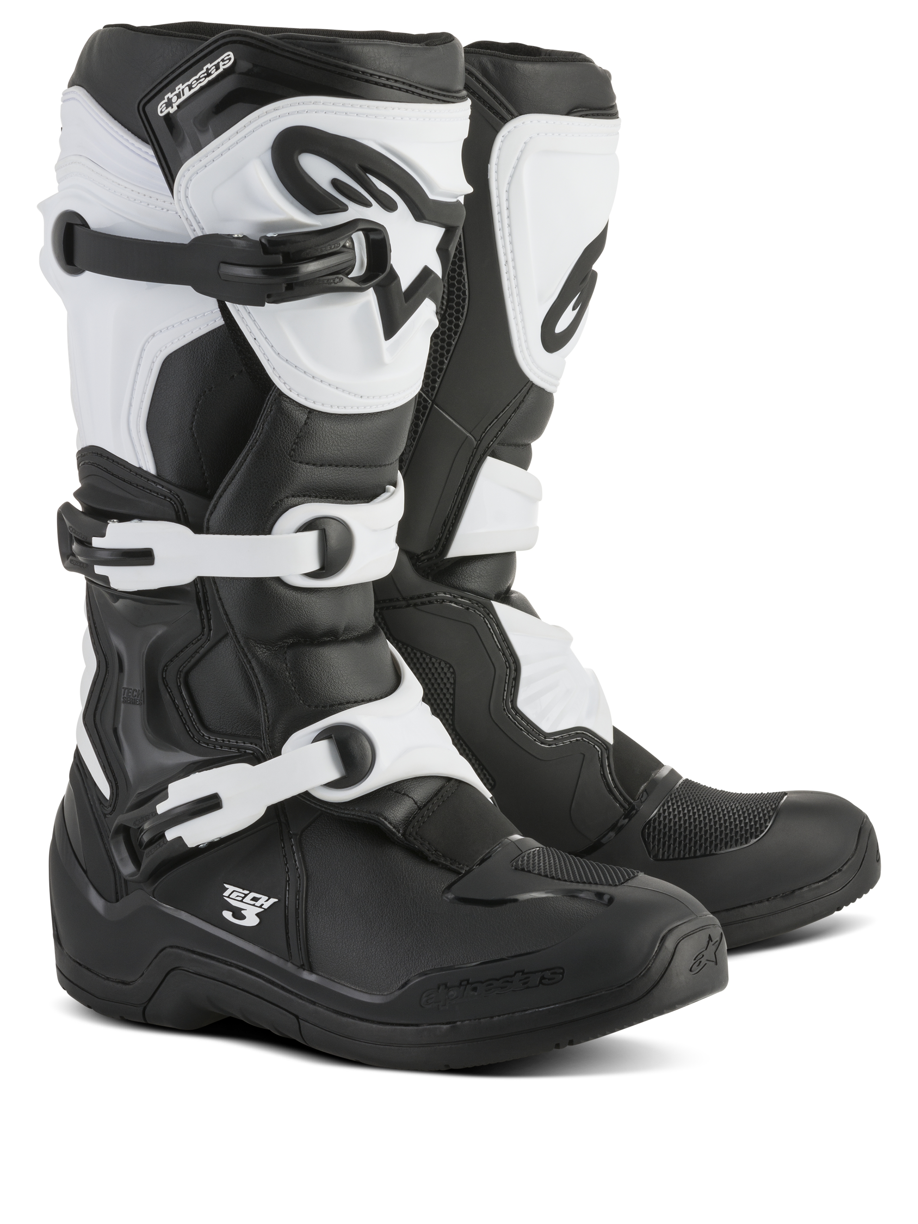 Stivali Alpinestars Tech 3, stivali da motocross, nero e bianco, dotati di sistema di chiusura a tre fibbie, piastra parastinchi e contrafforte del tallone protettivi in TPU, costruzione resistente in microfibra e materiale sintetico per gare fuoristrada