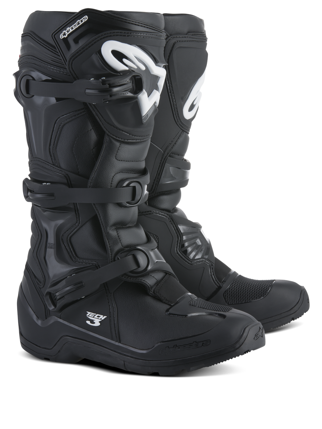 Stivali Alpinestars Tech 3 Enduro, stivali da motocross e off-road, neri con loghi bianchi, sistema a tripla fibbia in polimero, resistente protezione in TPU, suola robusta con design all-terrain