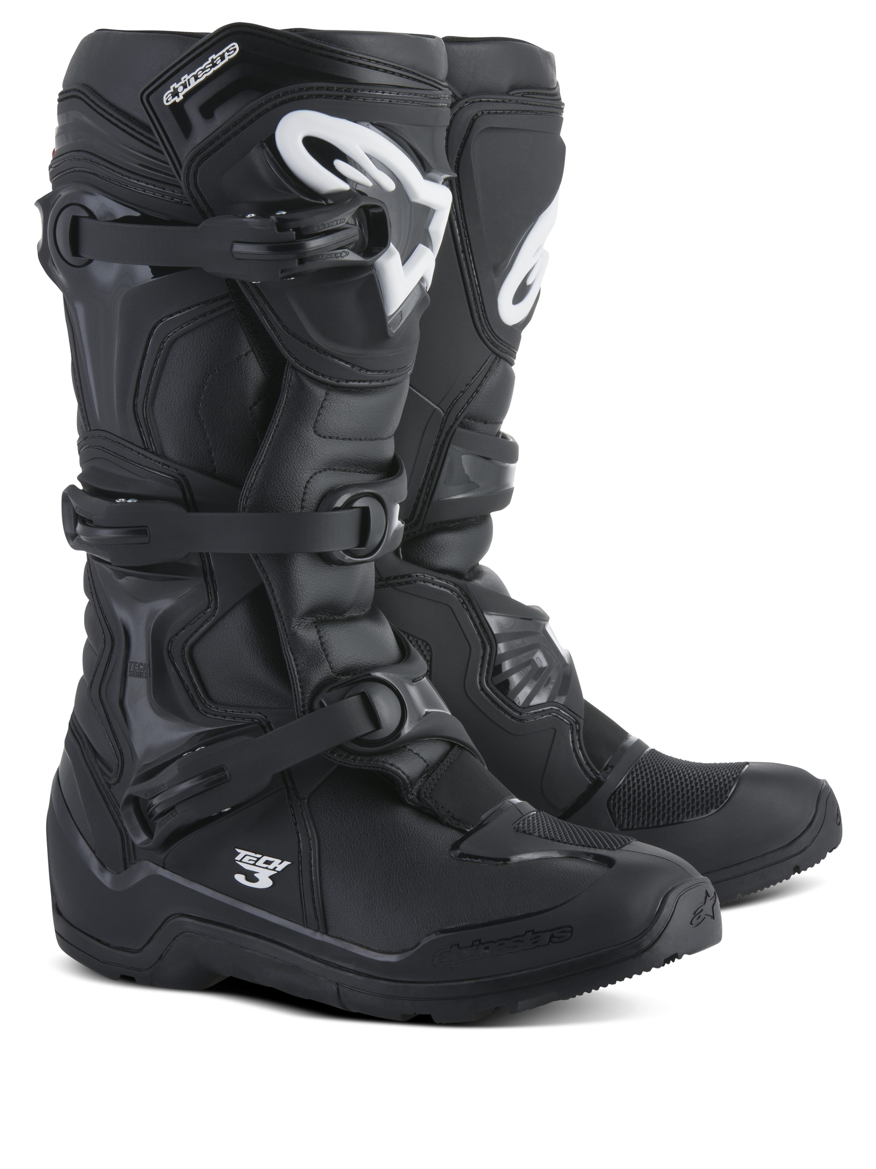Stivali Alpinestars Tech 3 Enduro, stivali da motocross e off-road, neri con loghi bianchi, sistema a tripla fibbia in polimero, resistente protezione in TPU, suola robusta con design all-terrain