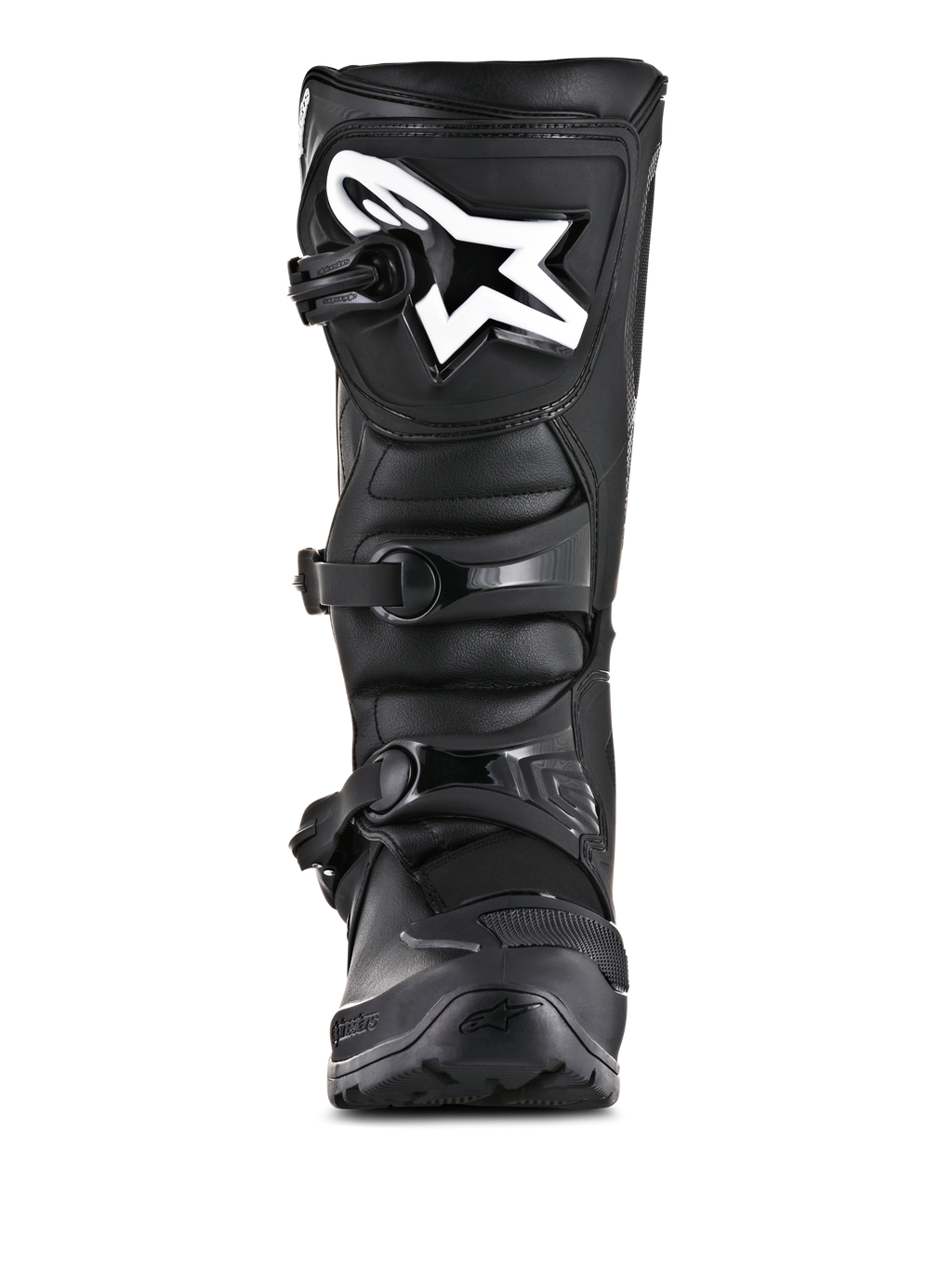 Alpinestars Tech 3 Enduro Boots, stivali da moto fuoristrada, nero, vista frontale con logo Alpinestars bianco sulla piastra dello stinco, sistema di chiusura a tre fibbie e costruzione robusta in microfibra e TPU.