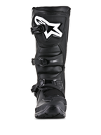 Alpinestars Tech 3 Enduro Boots, stivali da moto fuoristrada, nero, vista frontale con logo Alpinestars bianco sulla piastra dello stinco, sistema di chiusura a tre fibbie e costruzione robusta in microfibra e TPU.