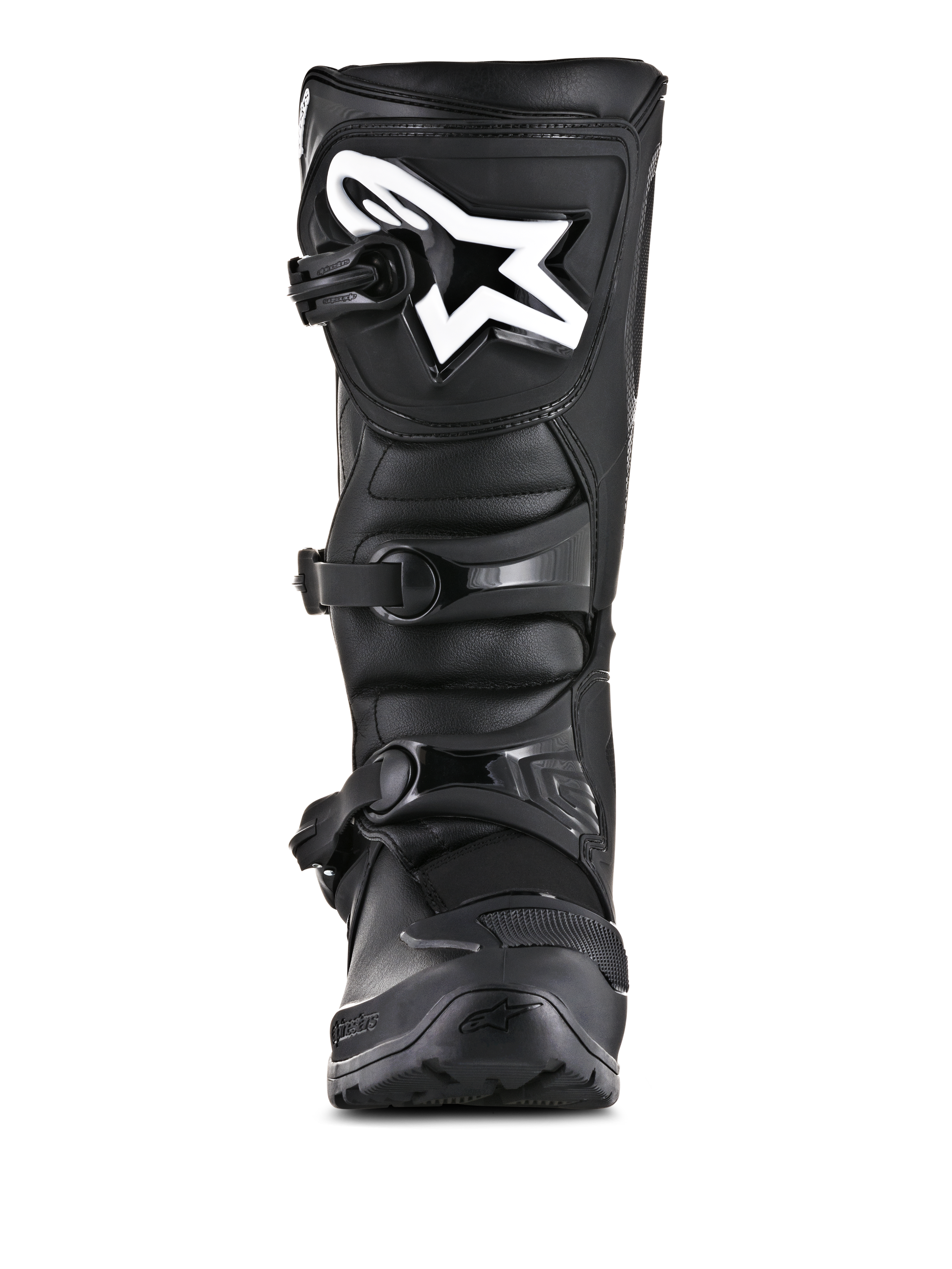 Alpinestars Tech 3 Enduro Boots, stivali da moto fuoristrada, nero, vista frontale con logo Alpinestars bianco sulla piastra dello stinco, sistema di chiusura a tre fibbie e costruzione robusta in microfibra e TPU.