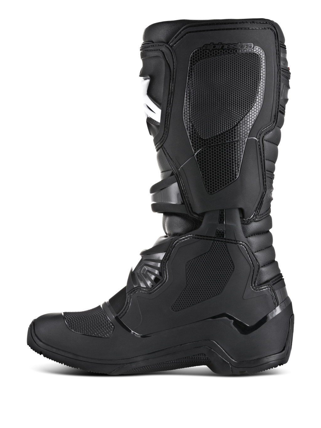 Alpinestars Tech 3 Enduro Boots, stivali da moto off-road, nero, profilo laterale mediale con pannelli grip in TPU testurizzati, placca tibiale protettiva e costruzione resistente per enduro e motocross.