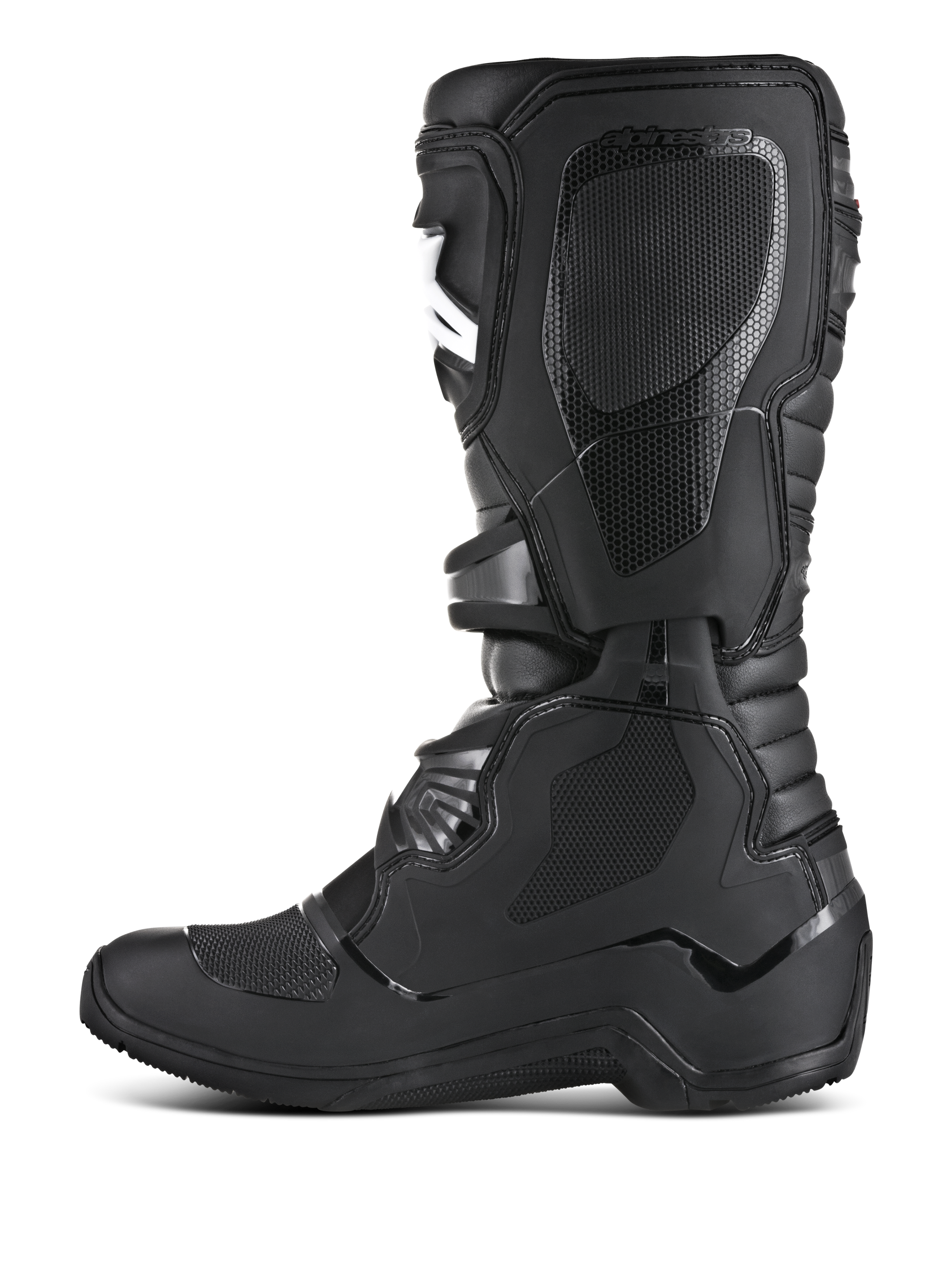 Alpinestars Tech 3 Enduro Boots, stivali da moto off-road, nero, profilo laterale mediale con pannelli grip in TPU testurizzati, placca tibiale protettiva e costruzione resistente per enduro e motocross.