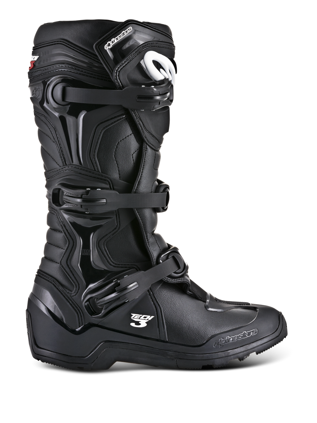 Alpinestars Tech 3 Enduro Boots, stivali da moto fuoristrada neri, profilo laterale con sistema di chiusura a tripla fibbia, pannelli protettivi in TPU rinforzato, suola tassellata ad alta trazione e logo Alpinestars bianco