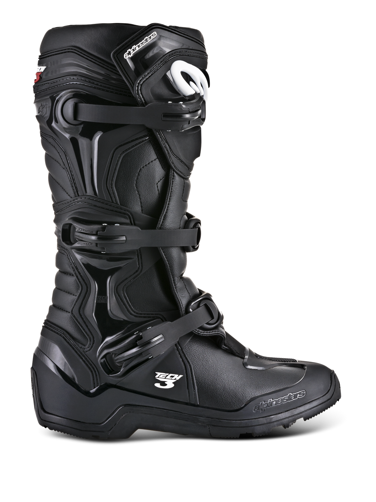 Alpinestars Tech 3 Enduro Boots, stivali da moto fuoristrada neri, profilo laterale con sistema di chiusura a tripla fibbia, pannelli protettivi in TPU rinforzato, suola tassellata ad alta trazione e logo Alpinestars bianco