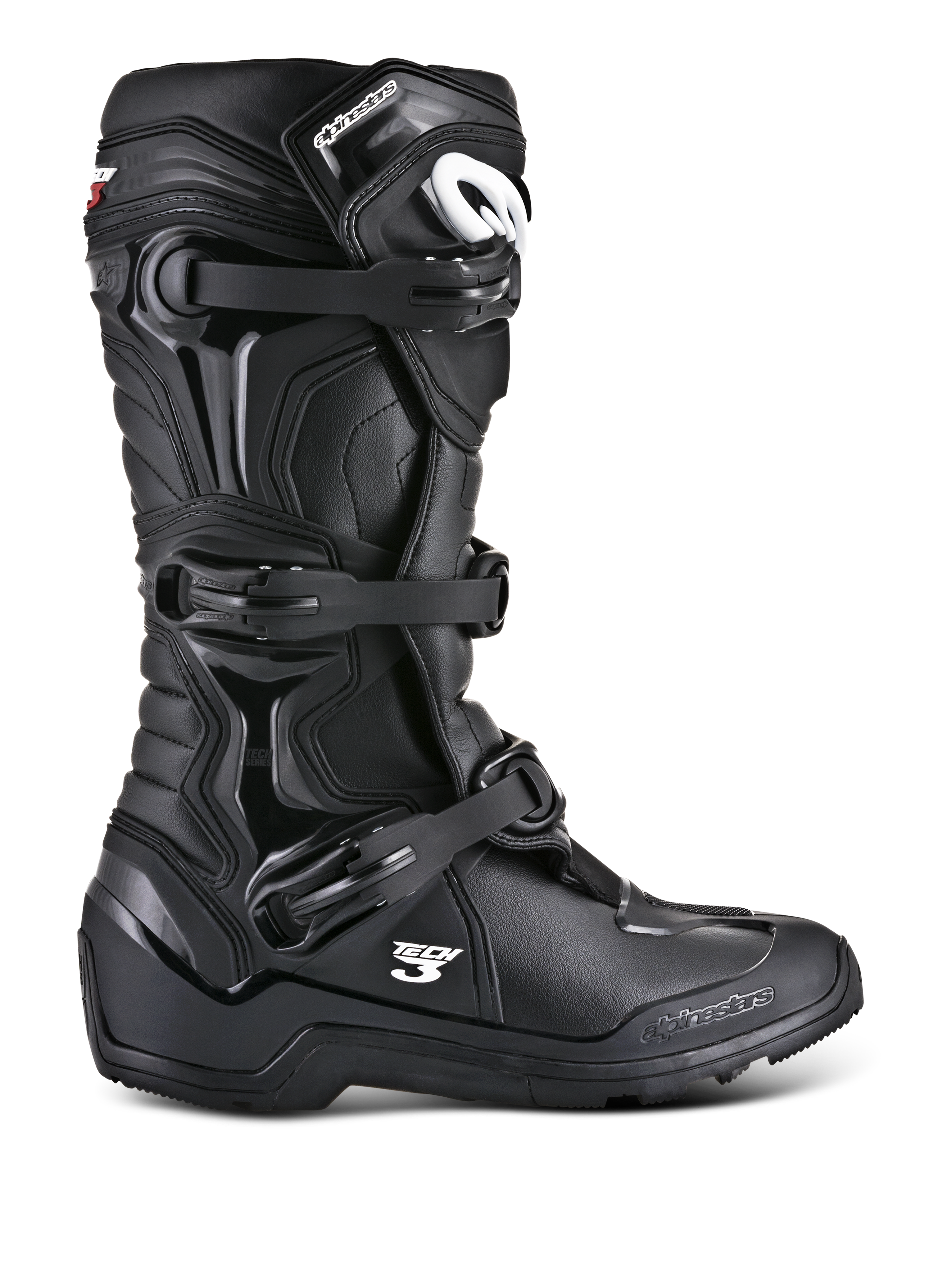 Alpinestars Tech 3 Enduro Boots, stivali da moto fuoristrada neri, profilo laterale con sistema di chiusura a tripla fibbia, pannelli protettivi in TPU rinforzato, suola tassellata ad alta trazione e logo Alpinestars bianco