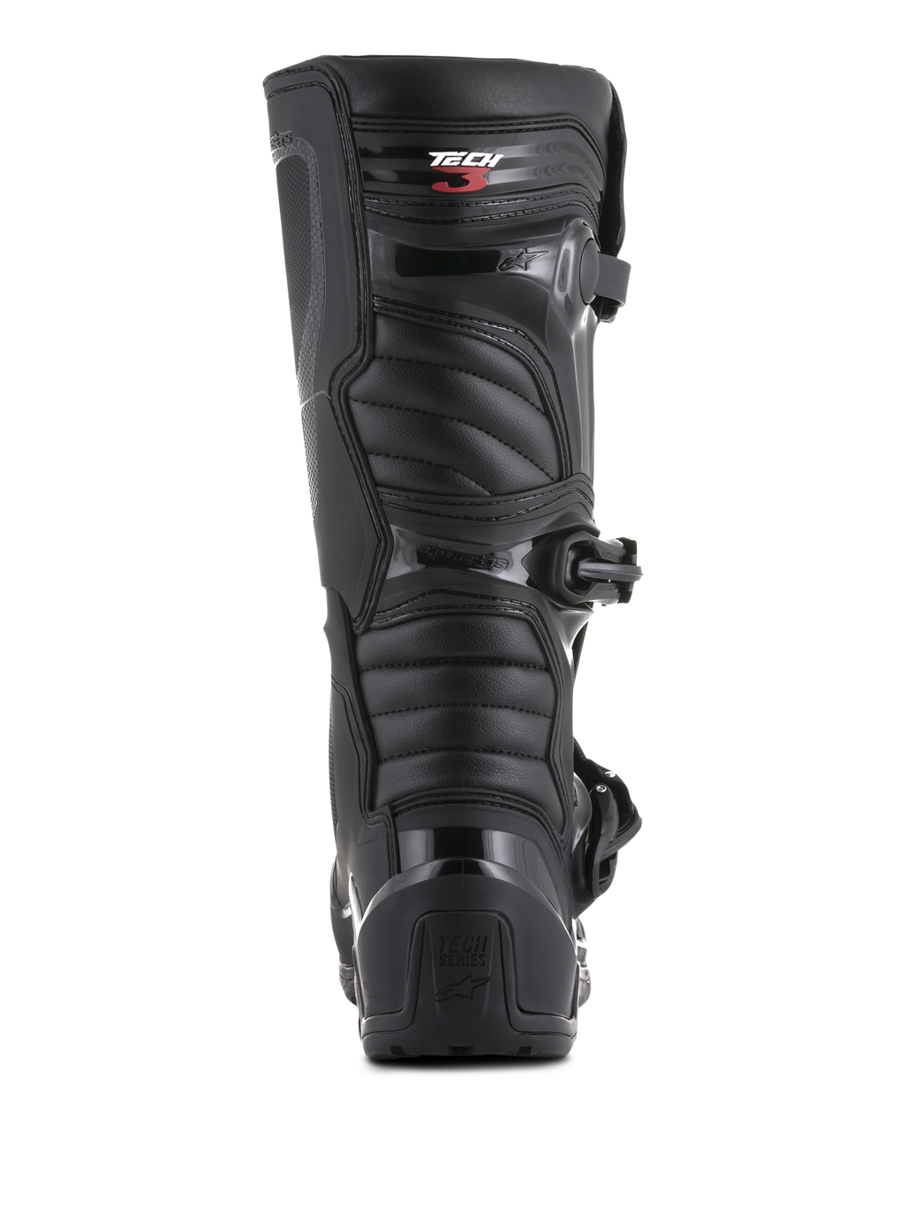 Stivali Alpinestars Tech 3 Enduro, vista posteriore, nero, con contrafforte del tallone in TPU e marchio Tech Series, pannelli flessibili a costine, calzature protettive resistenti per motocross e guida fuoristrada
