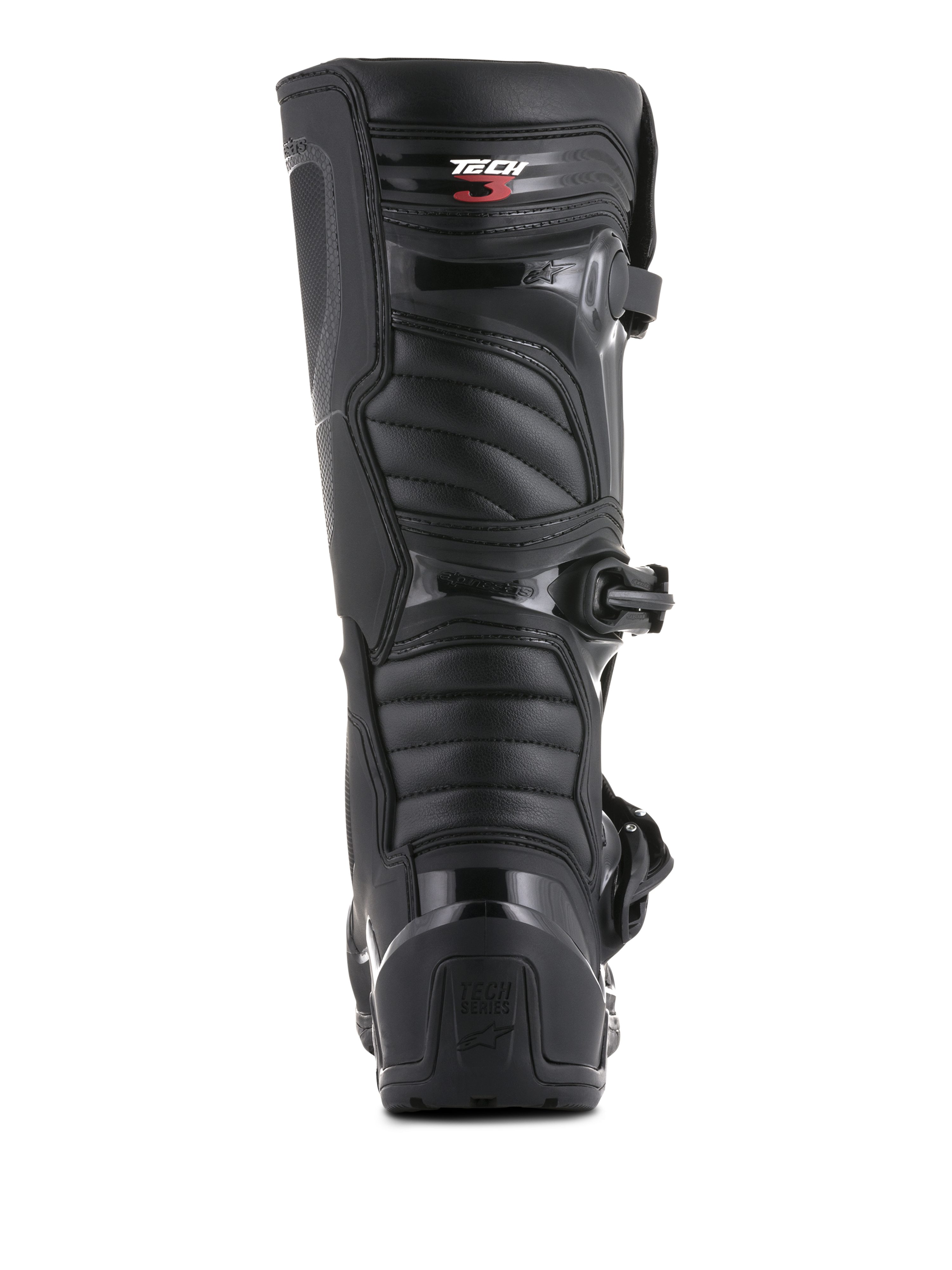 Stivali Alpinestars Tech 3 Enduro, vista posteriore, nero, con contrafforte del tallone in TPU e marchio Tech Series, pannelli flessibili a costine, calzature protettive resistenti per motocross e guida fuoristrada