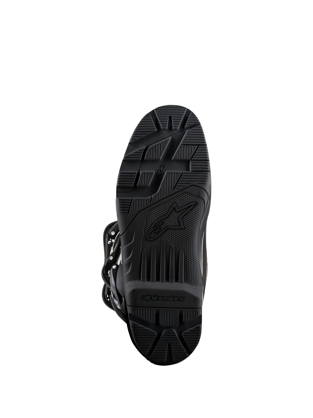 Stivali Alpinestars Tech 3 Enduro, nero, vista della suola, mescola di gomma ad alta aderenza con battistrada strutturato per la durata in fuoristrada, con logo Alpinestars