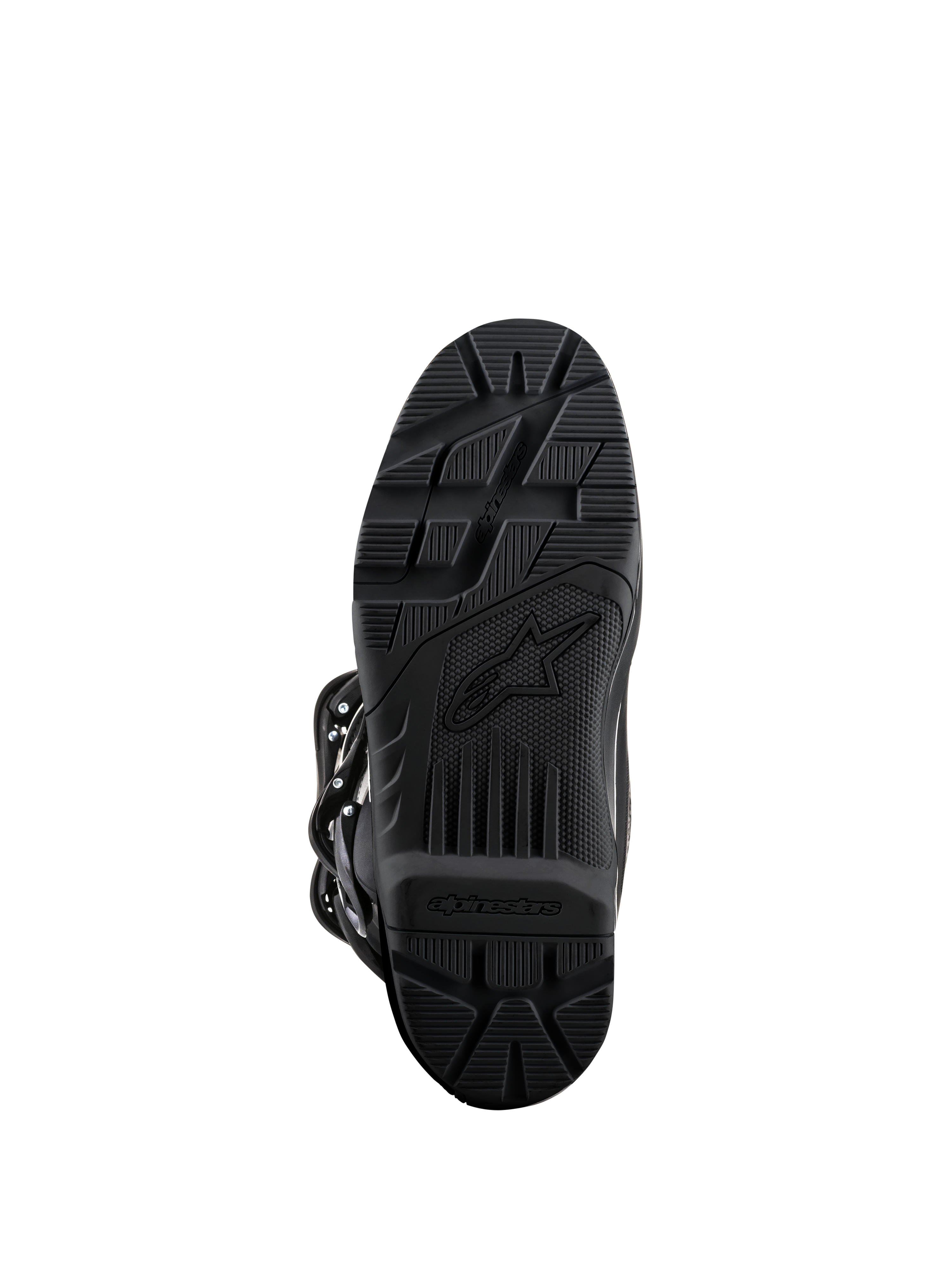 Stivali Alpinestars Tech 3 Enduro, nero, vista della suola, mescola di gomma ad alta aderenza con battistrada strutturato per la durata in fuoristrada, con logo Alpinestars